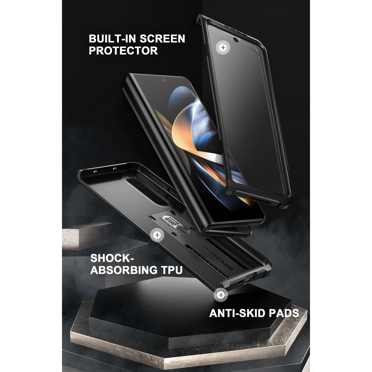 Samsung Galaxy Z Fold 4 Case with Built-in Kickstand & Screen Protector - Shockproof Protective Cover for Foldable Phone (Black) | Perfect for Work, Travel & Everyday Use