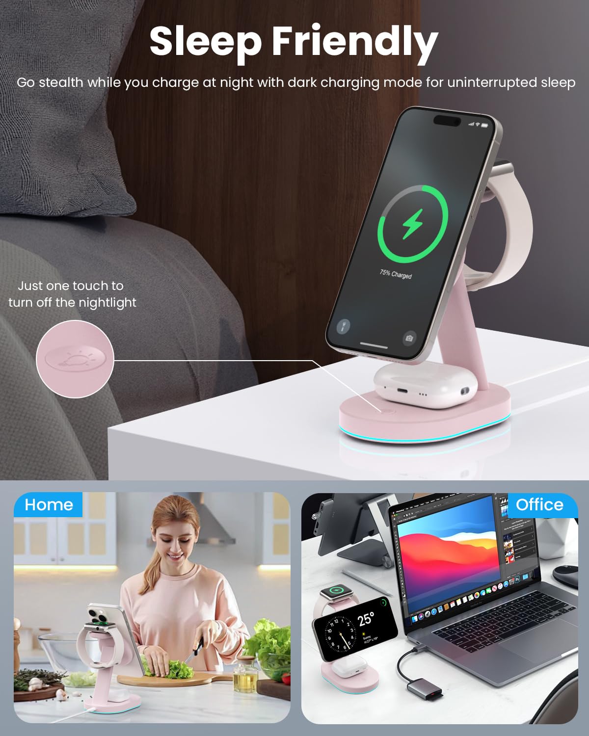 3-in-1 Magnetic Wireless Charging Station for iPhone 16/15/14/13/12 - Qi2 Certified 15W Fast Charger with MagSafe Stand, 30W USB-C Adapter & Night Light - Compatible with Apple Watch & AirPods - Perfect for Bedside, Office & Travel Charging