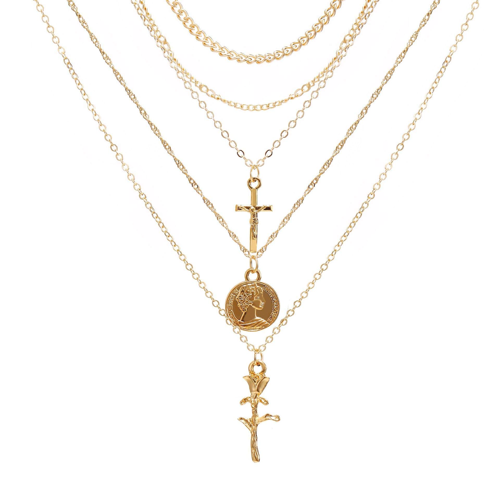 Layered Cross Necklace for Women - Gold Choker Coin Chain with Rose Flower Pendant, Multilayered Long Necklace Jewelry Gift for Girls (Perfect for Church, Weddings & Everyday Wear)