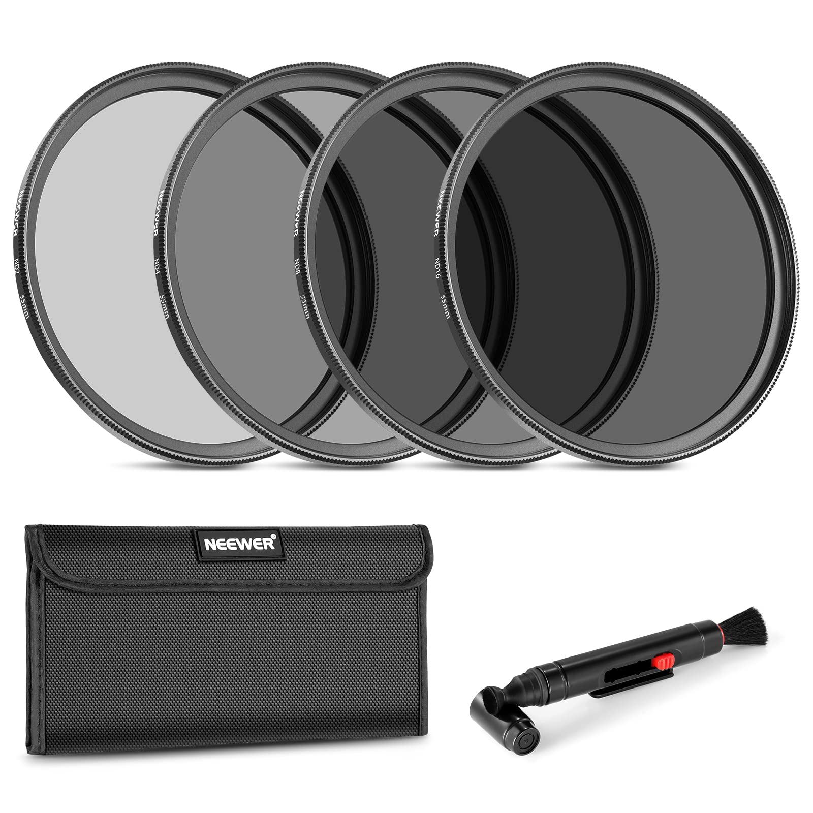 Neewer 55mm ND Lens Filter Kit (ND2 ND4 ND8 ND16) with Cleaning Pen & Pouch - Neutral Density Filter Accessories for Canon Nikon Sony Panasonic DSLR Cameras - Perfect for Landscape, Portrait & Outdoor Photography