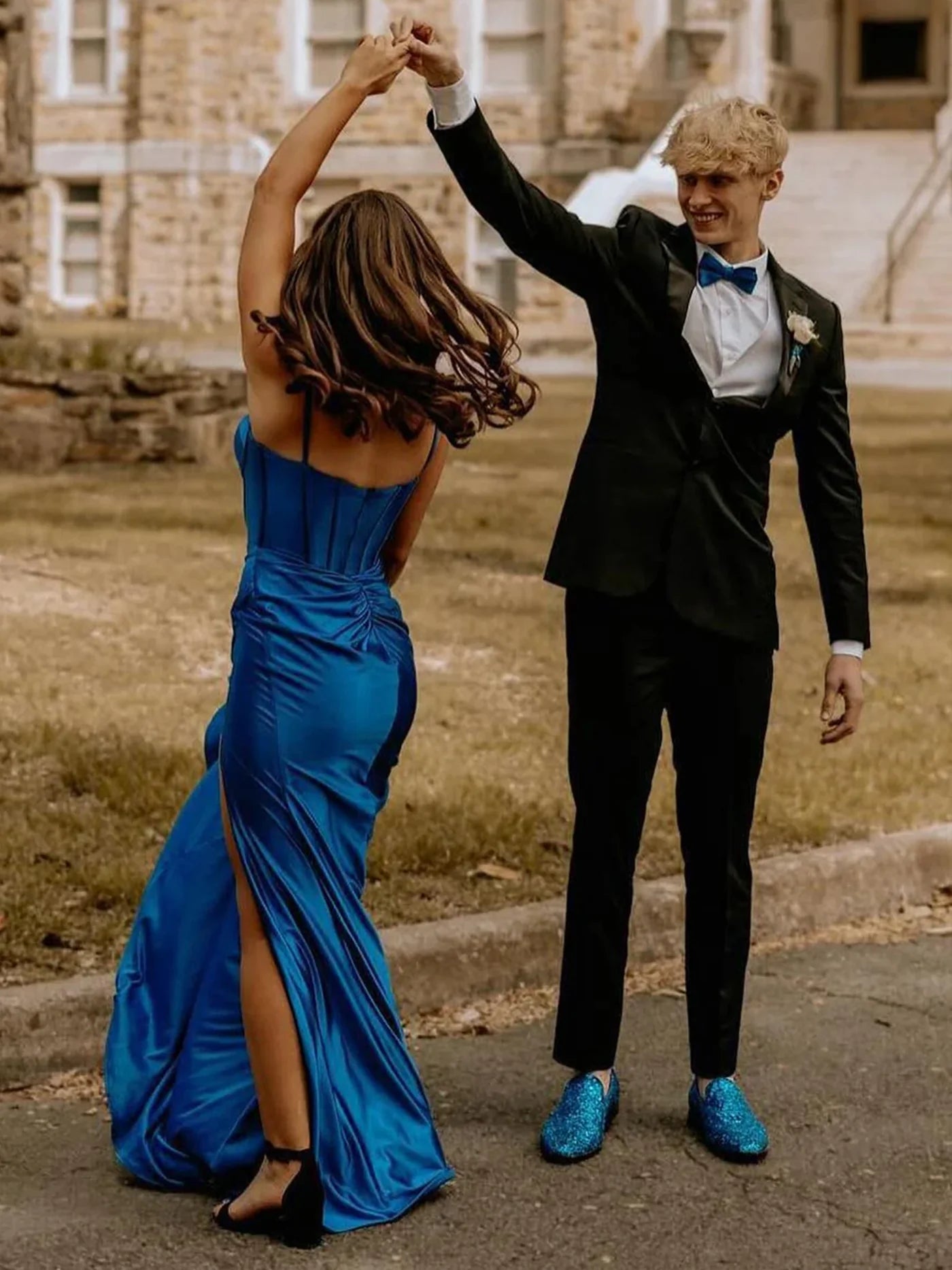 Elegant Satin Blue Corset Formal Wedding Guest Dress - Long Mermaid Gown with High Slit for Evening Parties, Prom & Special Occasions
