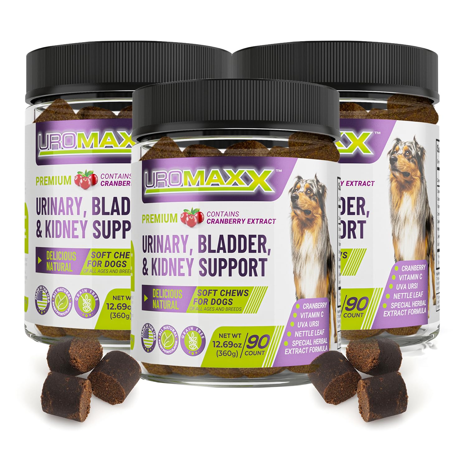 Natural Dog Urinary Tract Infection Treatment - Cranberry & Glucosamine Soft Chews for Bladder & Kidney Support | Chicken Flavor | Made in USA | 90 Count (3 Pack) | Supports Healthy Urination & Prevents UTIs for Dogs - Ideal for Senior Pets & Recovering Dogs