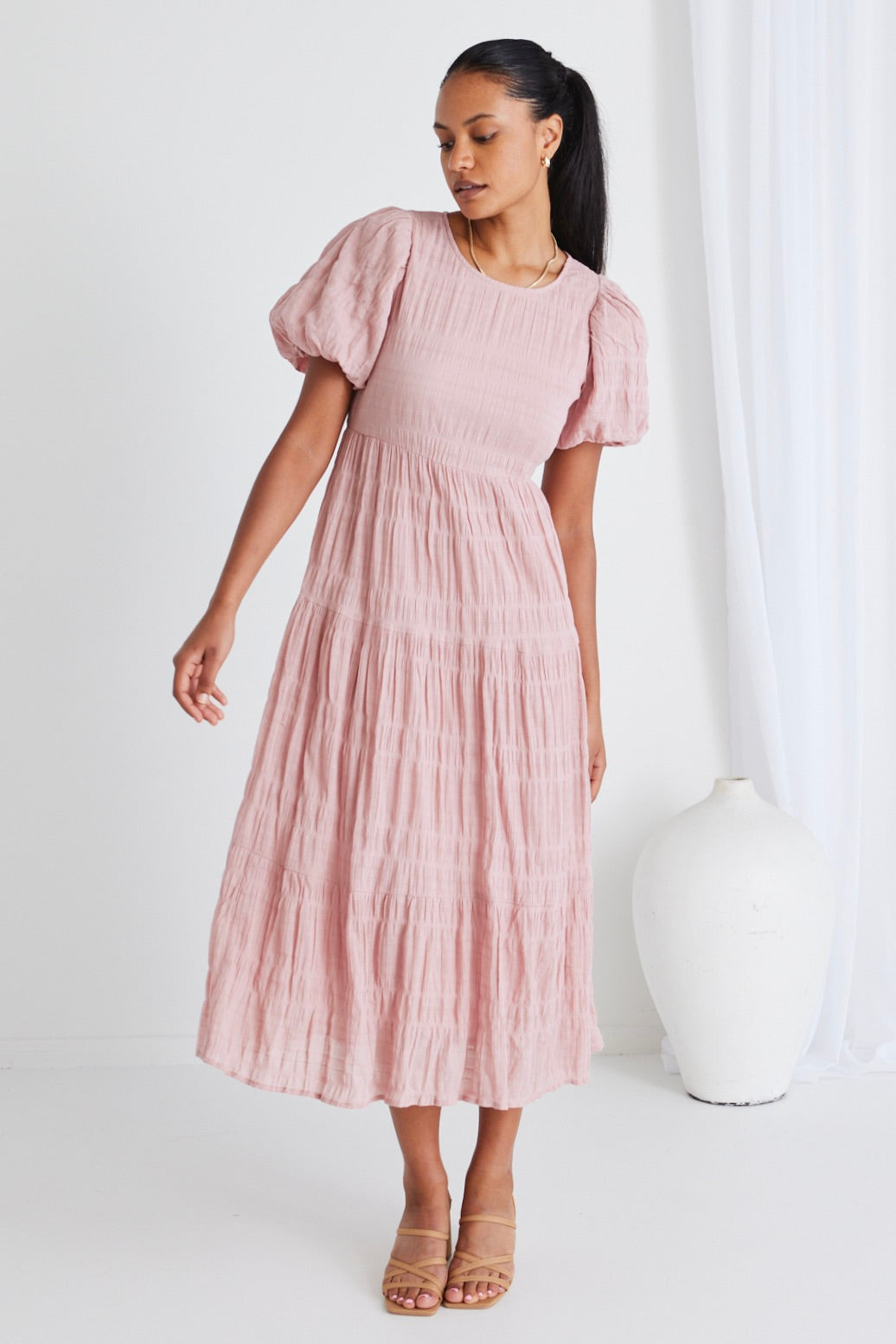 Elegant Blush Pink Shirred Cotton Bubble Sleeve Tiered Maxi Dress for Women - Perfect for Beach Vacations, Summer Weddings & Boho Chic Outfits