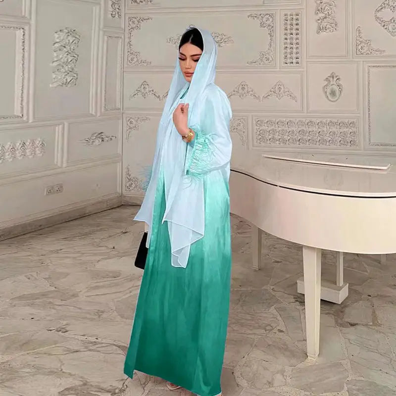2 Piece Set Color Gradient Satin Open Abaya Dress with Inner Sleeveless Dress - Elegant Muslim Women's Prayer Dress for Eid, Ramadan & Special Occasions