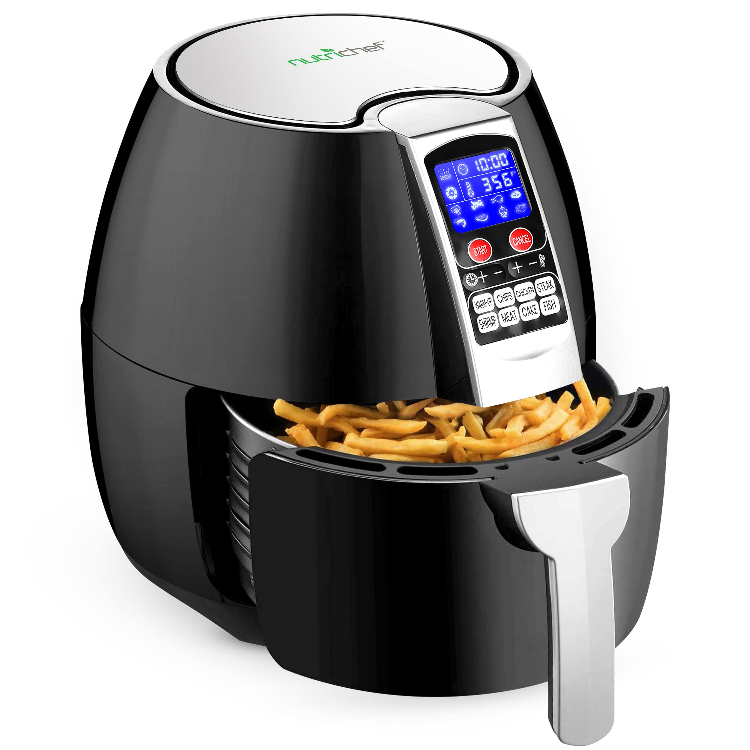 NutriChef 3.7 Qt Digital Air Fryer Oven - Stainless Steel Oil-Free Convection Cooker with Basket Pan for Healthy Frying, Baking & Grilling | Perfect for Family Meals, Quick Snacks & Low-Fat Cooking (Black)