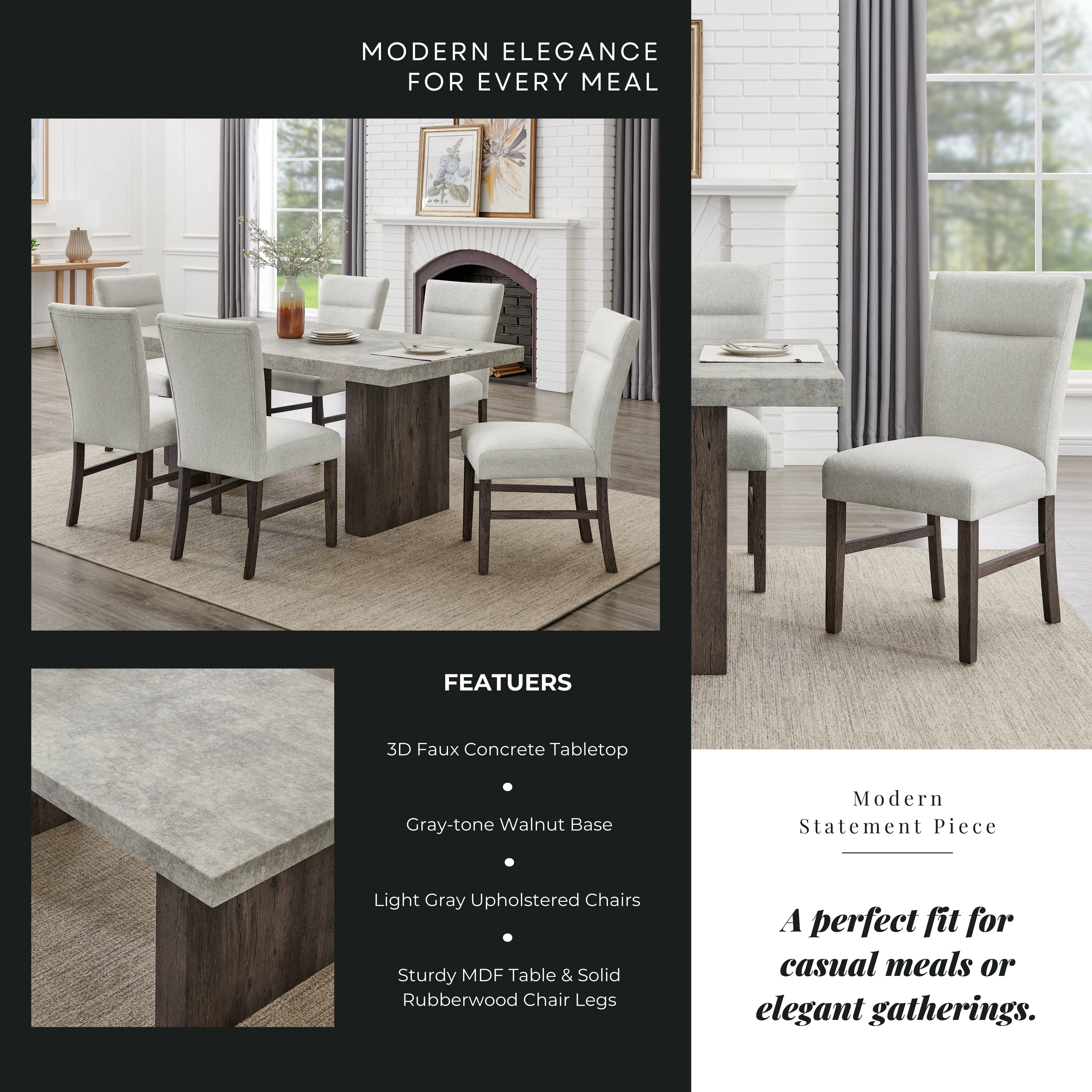 Roundhill Furniture Sorlen Modern 7-Piece Dining Set - 3D Faux Concrete Table with 6 Upholstered Chairs for Kitchen, Dining Room & Outdoor Patio