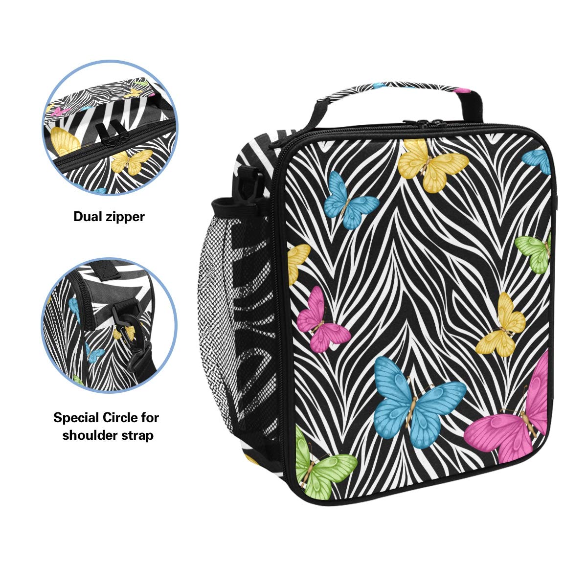 Zebra Print Insulated Lunch Bag with Shoulder Strap - Cute Butterfly Design Cooler Tote for Kids, Women & Men - Perfect for School, Work, Picnics & Outdoor Activities