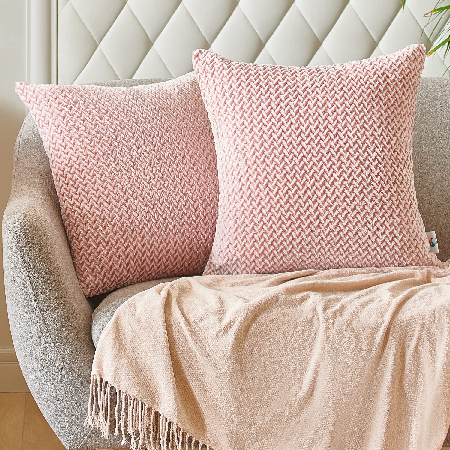 Premium 18x18 Inch Jacquard Pillow Covers Set of 2 - Rose Tan Square Throw Pillow Cases for Couch, Sofa & Living Room Decor | Luxury Home Accent Pillows for Bedroom, Office & Dorm