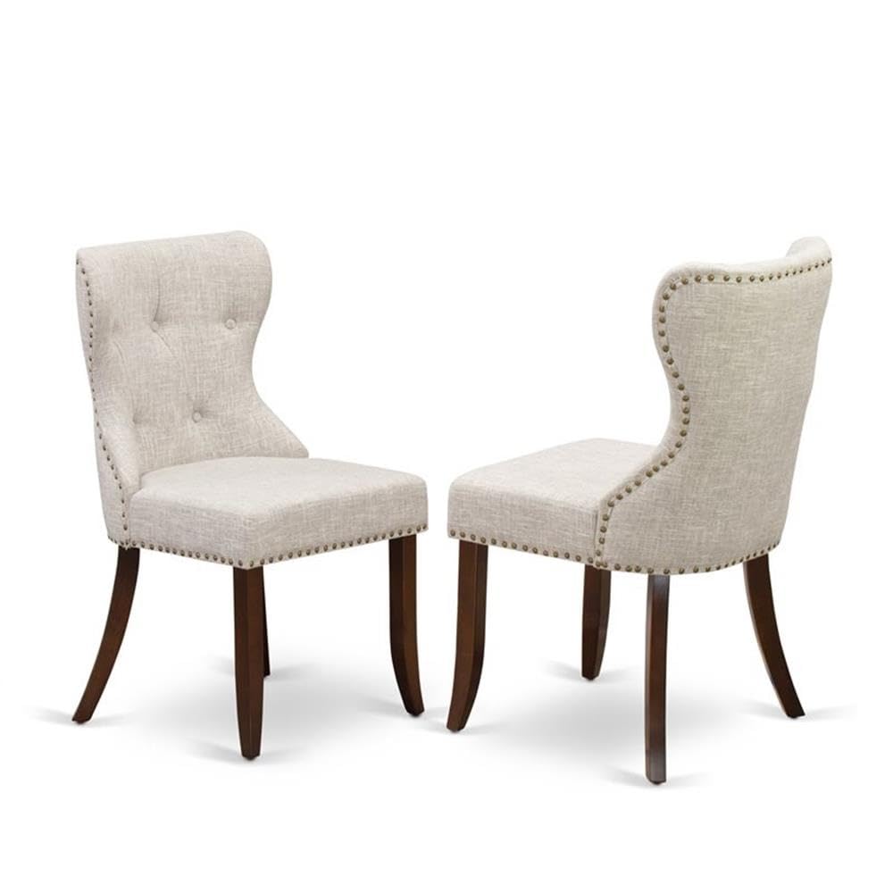 East West Furniture 3 Piece Round Dining Table Set with Pedestal Base & 2 Doeskin Linen Parsons Chairs - 42 Inch Mahogany Wood Kitchen Table for Small Spaces, Breakfast Nook, Apartment Dining Room