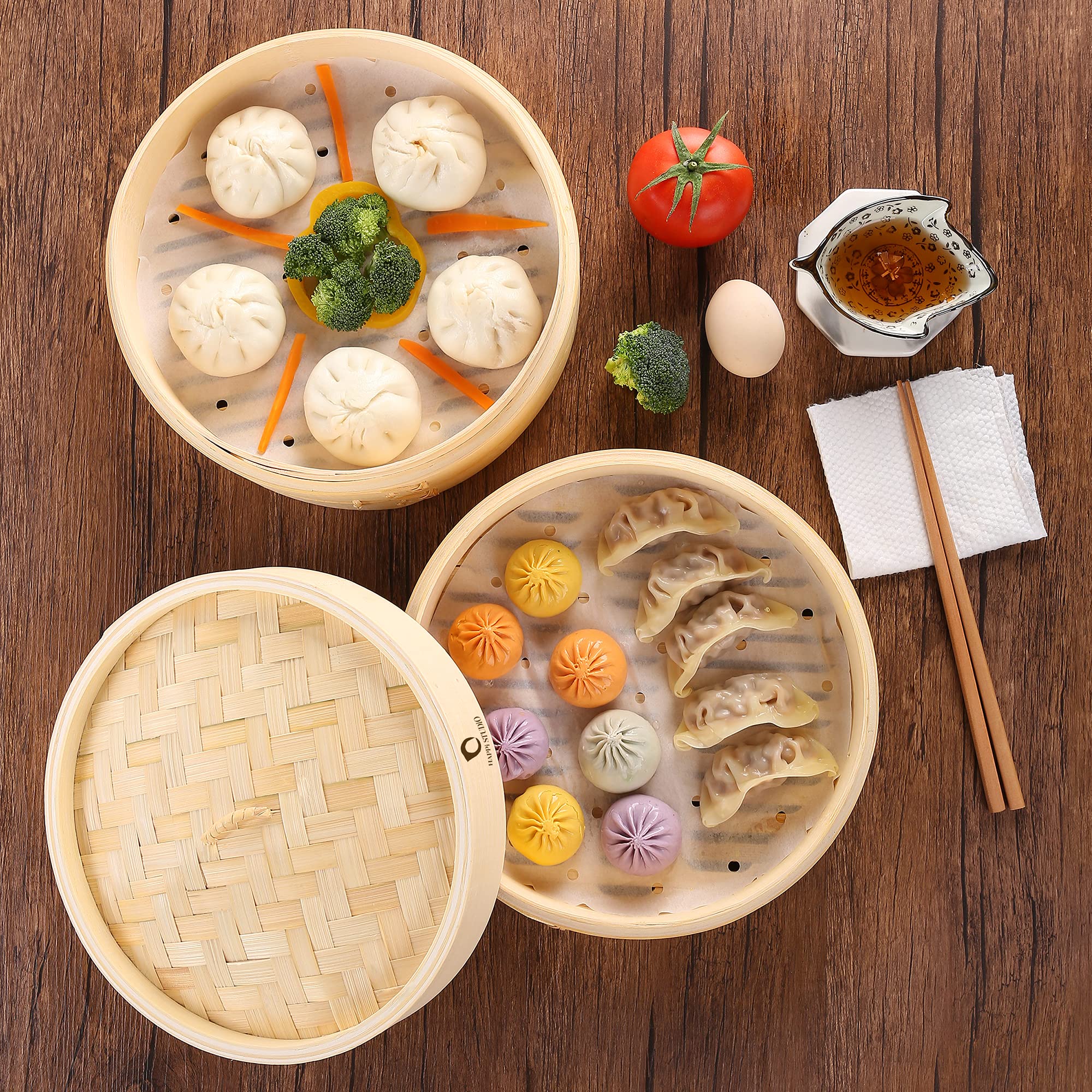 2-Tier Bamboo Steamer Basket Set - 10 Inch Natural Bamboo Steamer for Dim Sum, Dumplings, Bao Buns & Momo - Chinese Cooking Steamer with Ring - Perfect for Asian Cuisine, Healthy Meal Prep & Restaurant-Style Home Cooking