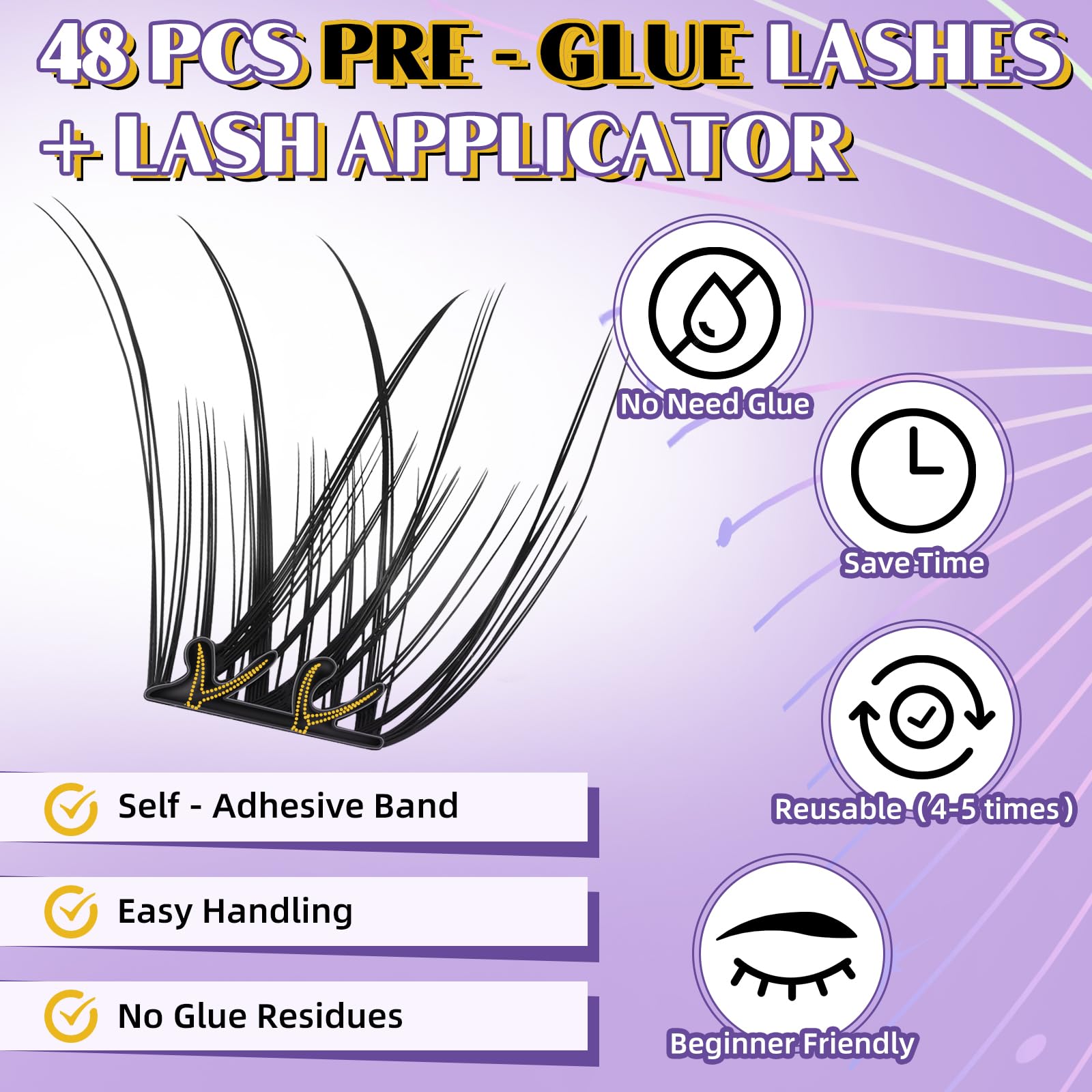 B&Qaugen Self Adhesive Eyelashes SA02 - 48 PCS Reusable No Glue Press On Lashes, D Curl 10-16mm with Lash Tweezers, 1 Step DIY Easy Apply False Eyelashes for Natural Look (SA02-D) - Perfect for Daily Wear, Parties, Weddings & Special Occasions