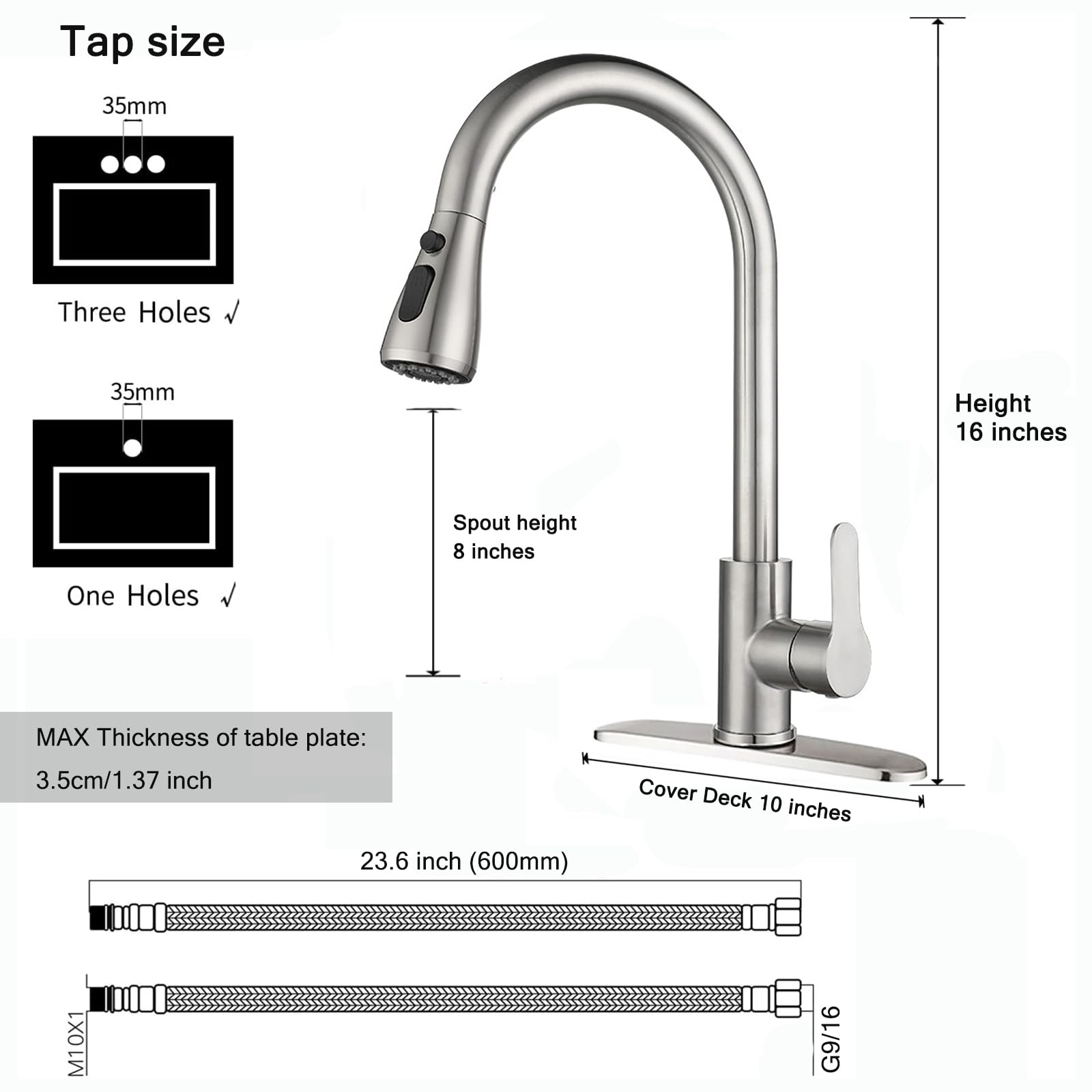 LKUWEE 360° Swivel Pullout Kitchen Faucet, Stainless Steel Brushed Nickel, Hot and Cold Water Tap with 2 Hoses, Ideal for Modern Home Kitchens