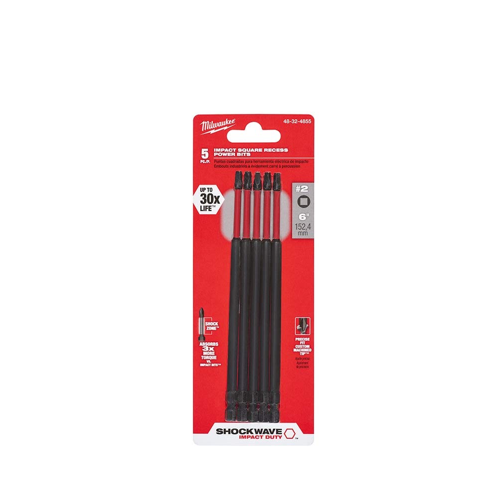 Milwaukee Shockwave 6-Inch #2 Square Recess Power Bit Set (5-Pack) - Durable Impact Bits for Drills & Screwdrivers - Perfect for Construction, Woodworking & DIY Projects