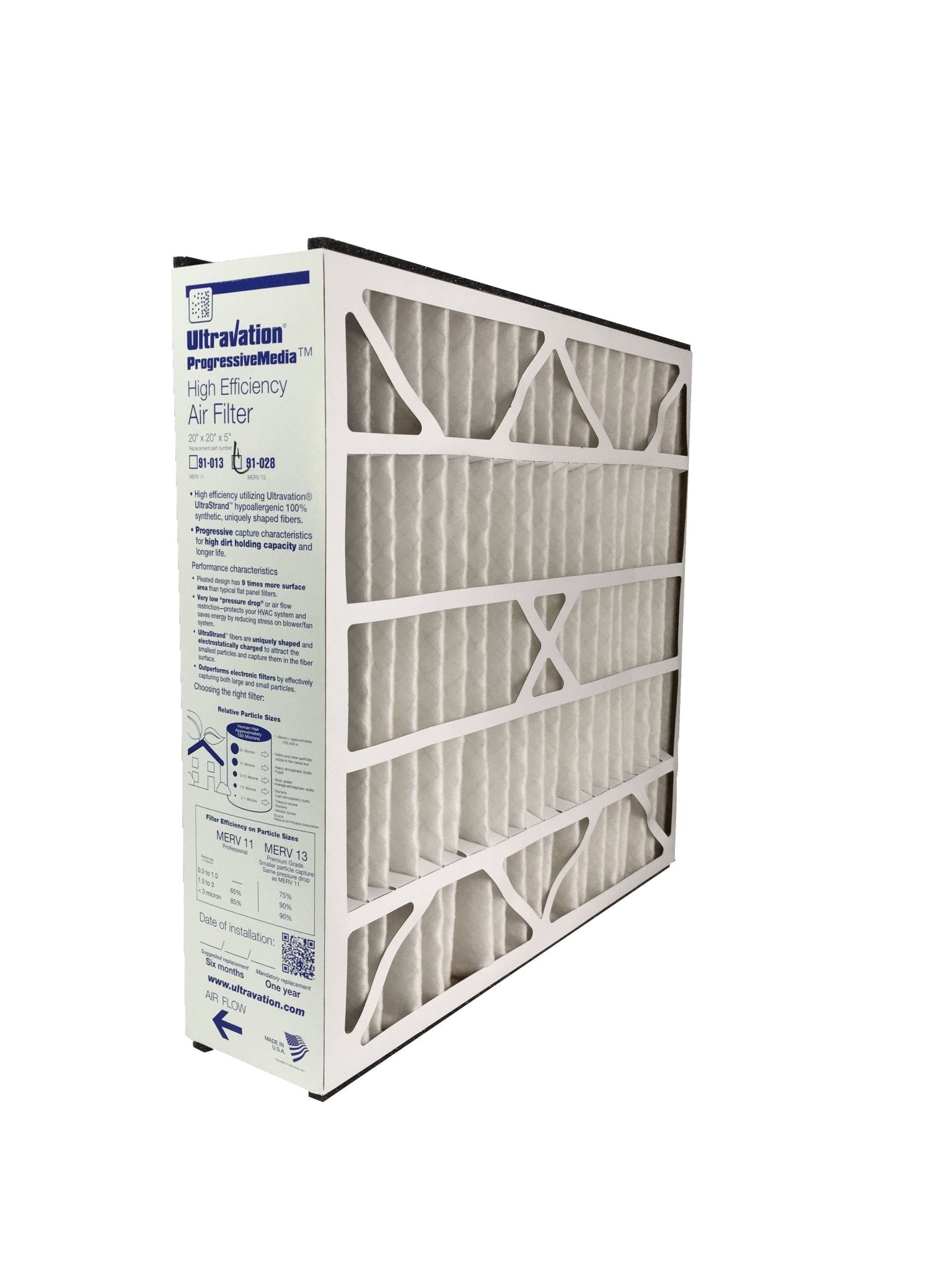 Ultravation 91 028 20x20x5 MERV 13 Air Filter - High Efficiency Furnace Filter Replacement (1 Pack) for Home HVAC Systems & Air Purifiers