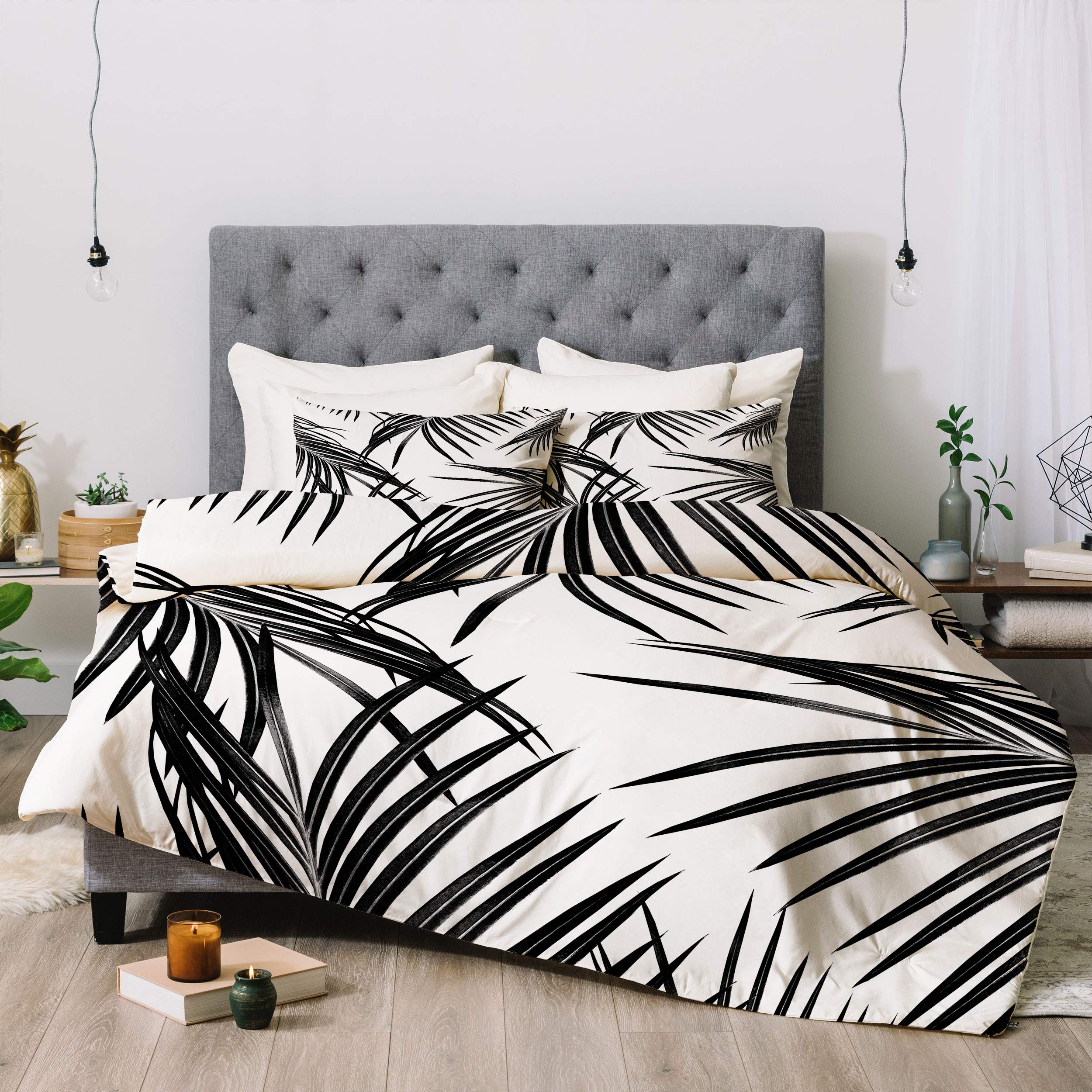 Anita Bella Jantz Black Palm Leaves Dream 1 Comforter Set with Pillowcases - Queen/Full Size Tropical Botanical Bedding - Perfect for Beach House, Boho Bedroom & Guest Room Decor