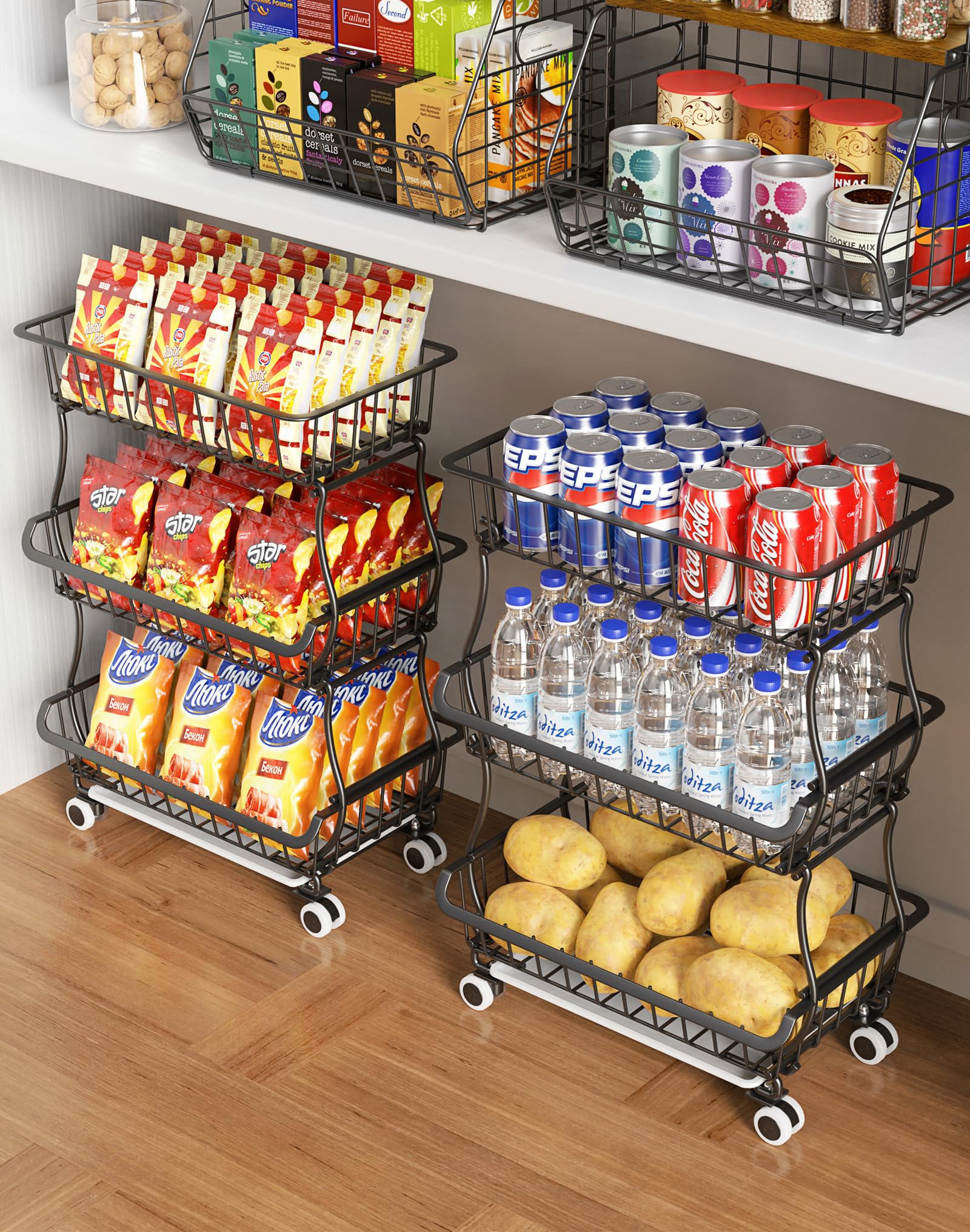 3-Tier Rolling Pantry Cart with Wheels - Stackable Wire Storage Organizer for Kitchen, Pantry Shelves, Fruits, Snacks, Onions & Potatoes - Perfect for Small Spaces, Home Organization & Easy Access to Essentials