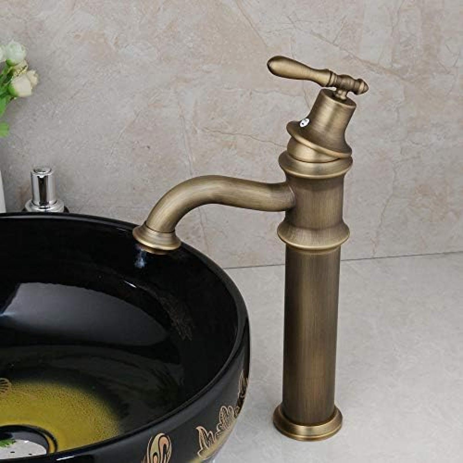 CRJUS Antique Brass Single Handle Deck Mounted Bathroom Faucet with Swivel Spout - Vintage Style Sink Mixer Tap for Bathroom Vanity & Powder Room