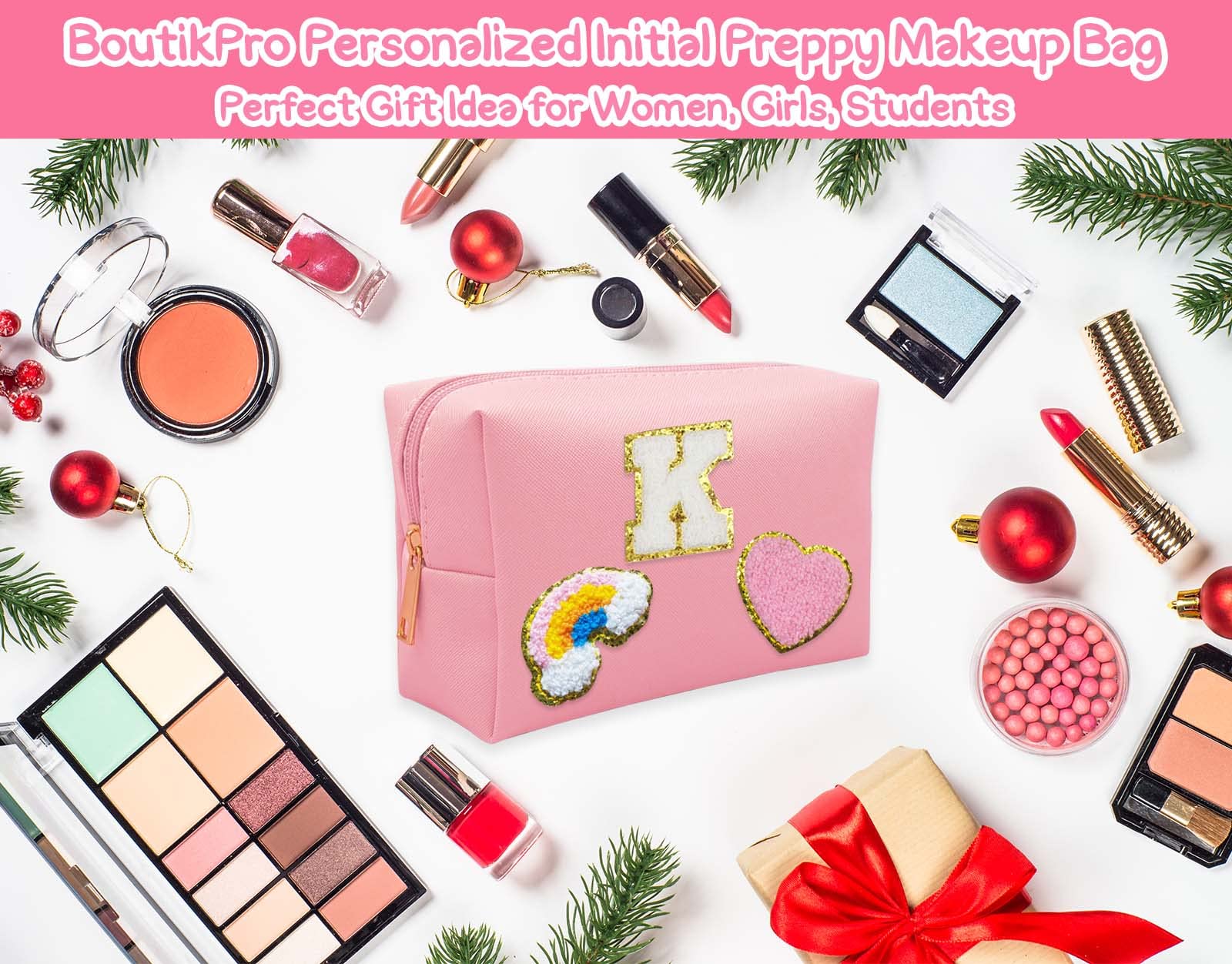 Personalized Monogram Makeup Bag Set with Zipper - Waterproof Travel Cosmetic Pouch for Women | Cute Preppy Patch Toiletry Organizer | Perfect Gift for Christmas, Thanksgiving, Birthdays | Great for Travel, Gym, Beach & Daily Use