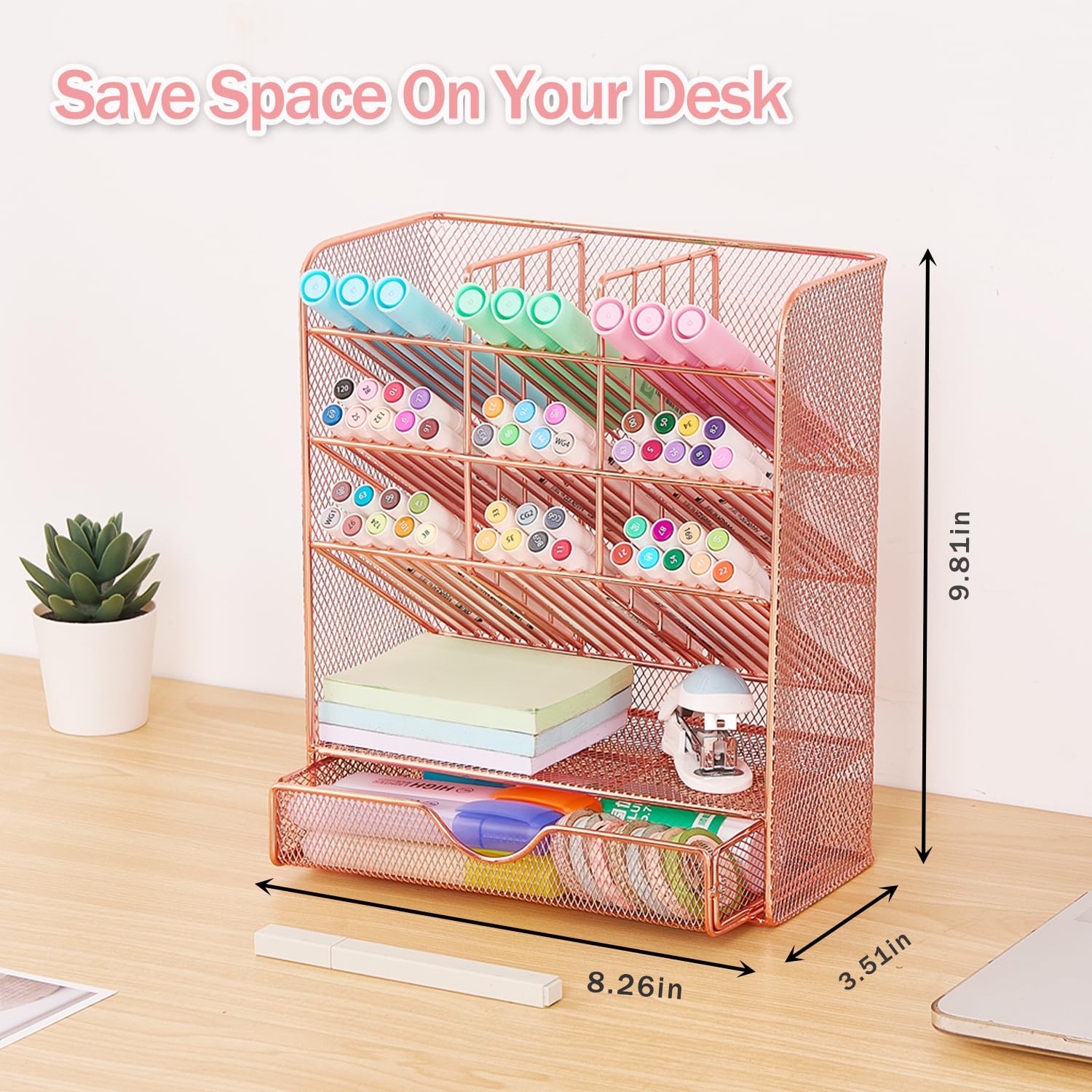 Rose Gold Pen Holder Desk Organizer - 10 Compartments & Drawer for Office & Study