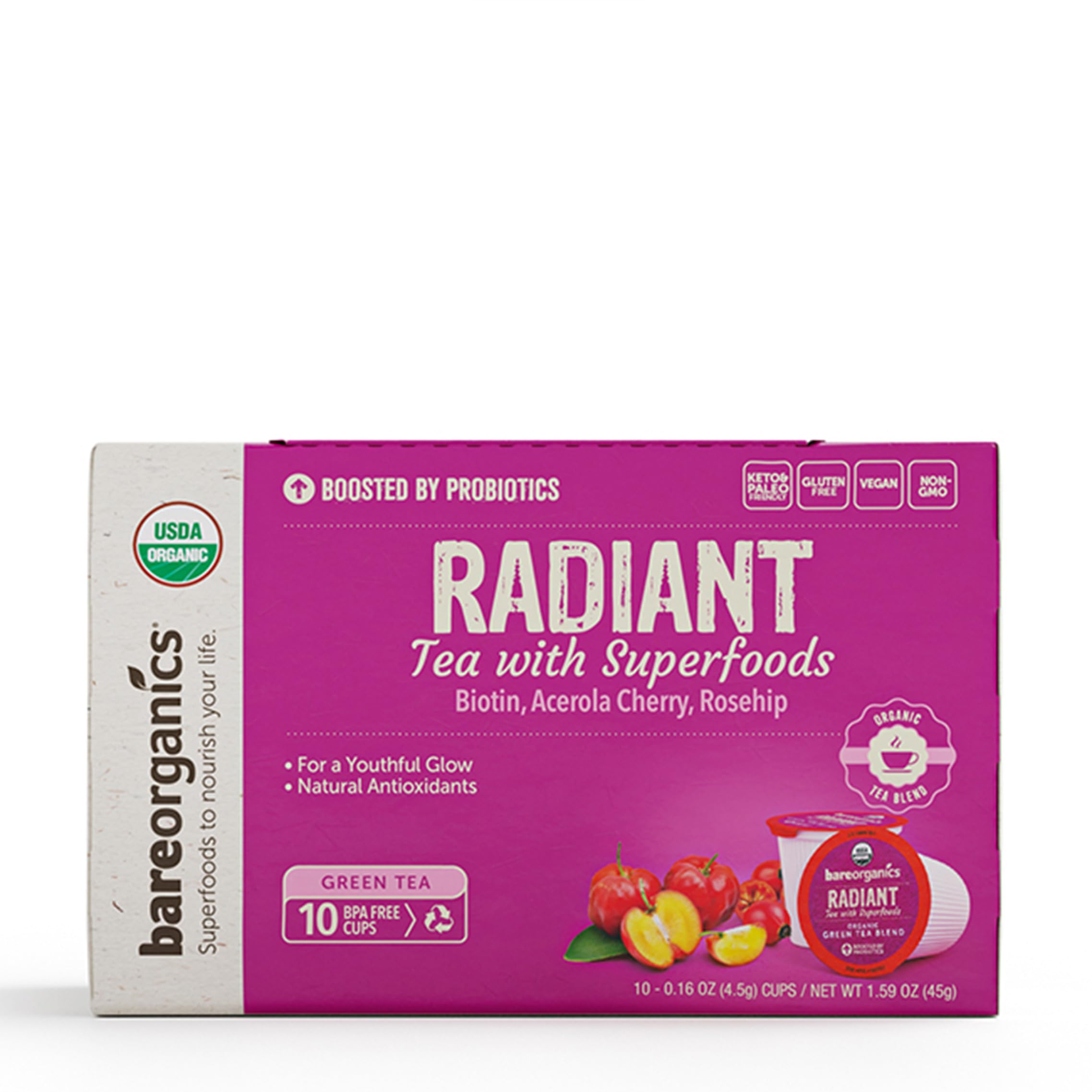 BareOrganics Radiant Tea with Superfoods & Probiotics | USDA Organic Certified, Vegan, Non-GMO | Compatible Tea Pods for Keurig | 10 Count Recyclable K-Cups | Boost Energy & Detox for Daily Wellness
