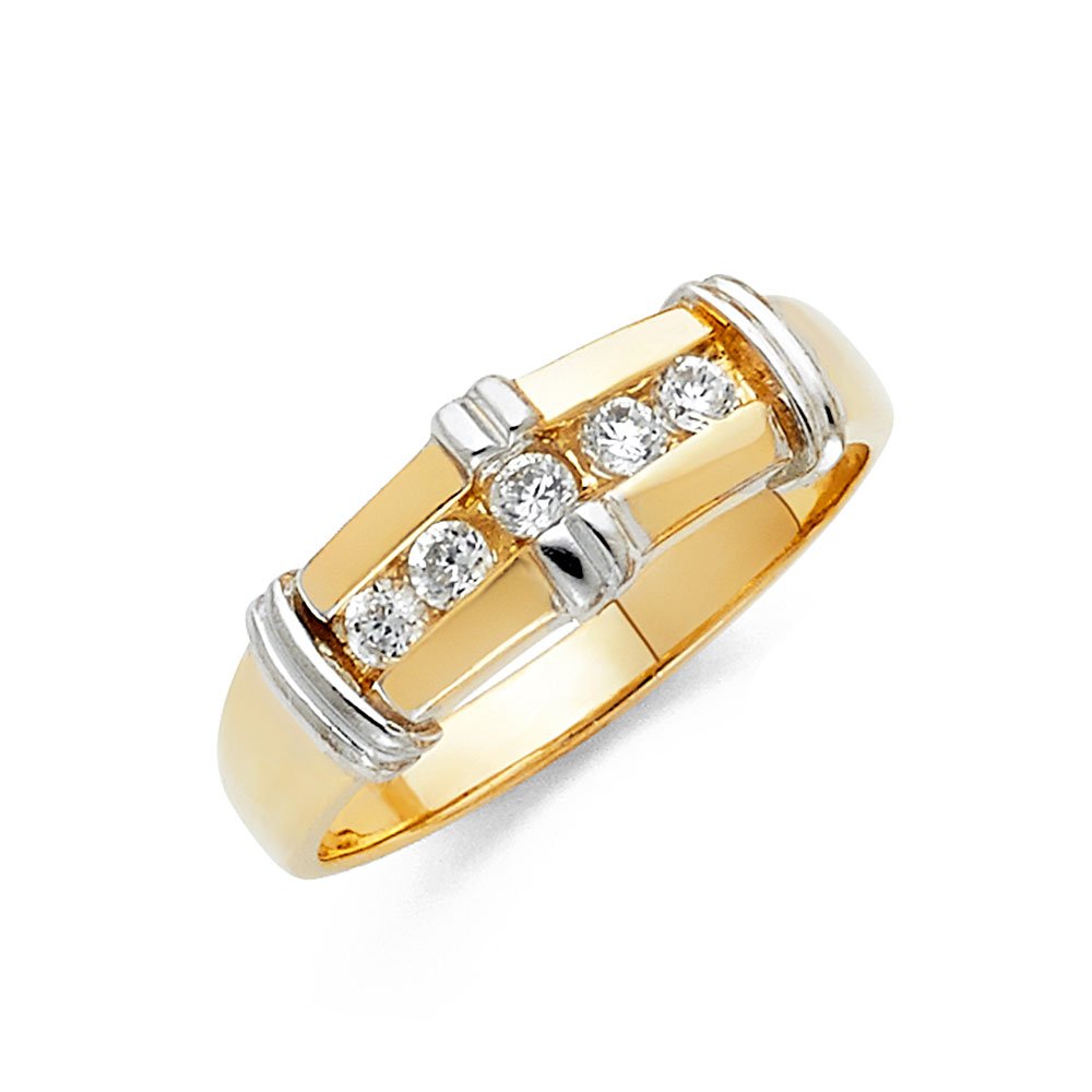 14K White & Yellow Gold Two-Tone Cubic Zirconia Men's Wedding Band Ring - Anniversary Gift for Him, Engagements & Special Occasions