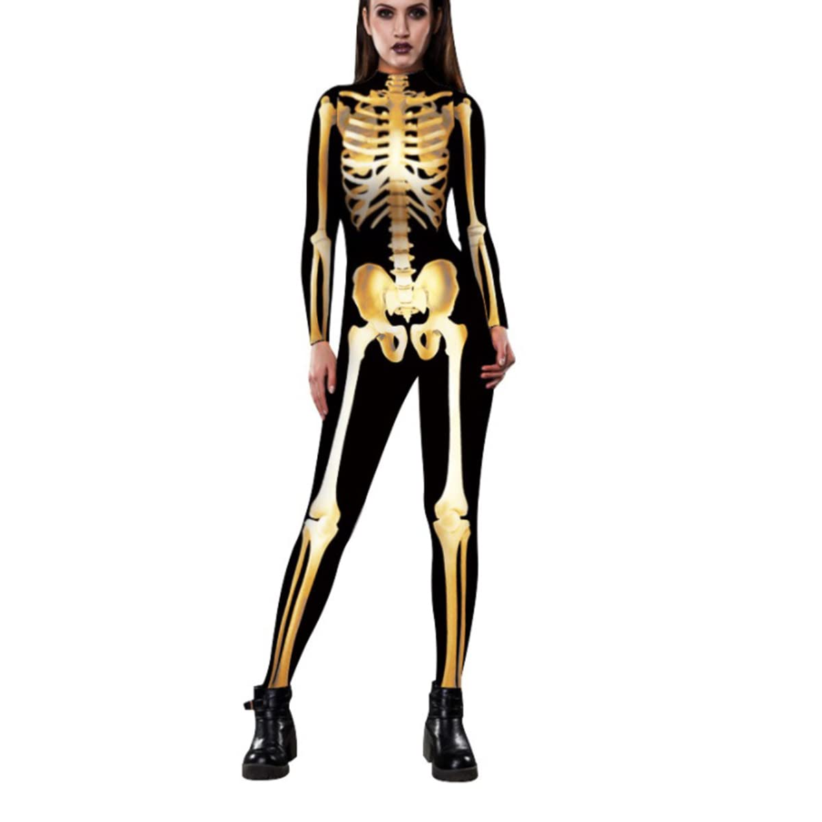 3D Printed Skull Costume for Women - Long Sleeve Halloween Jumpsuit Set | Gothic Party Outfit, Cosplay, Themed Events & Spooky Celebrations