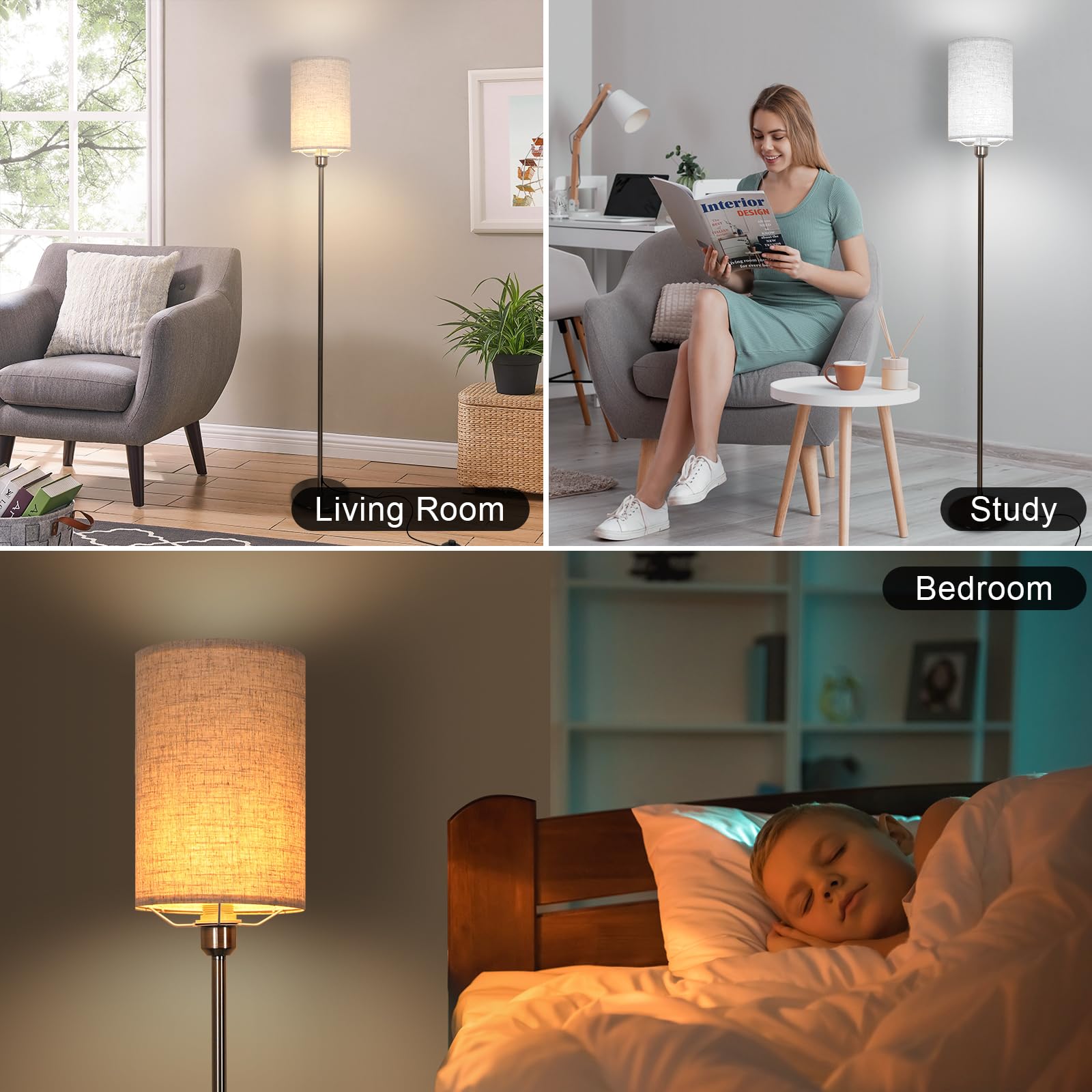 Osairous Modern Floor Lamp with Linen Lampshade - E27 Bulb Compatible Standing Light for Living Room, Bedroom & Office - Perfect for Reading Nook, Home Decor and Workspace Lighting