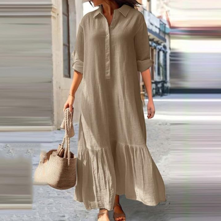 Women's Casual Long Sleeve V-Neck Maxi Shirt Dress with Button Lapel & Ruffle Hem - Elegant Solid Color Roll-Up Sleeve Dress for Work, Date Night and Spring Outfits