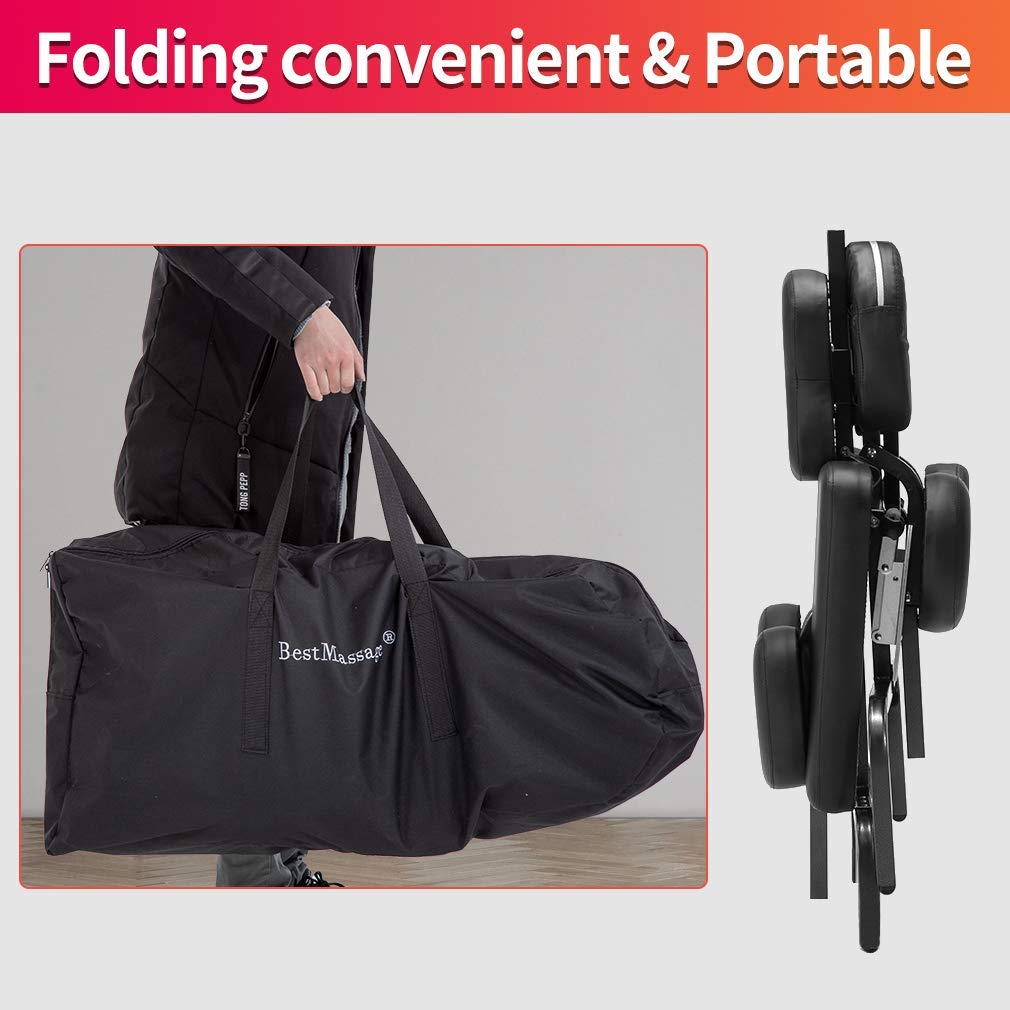 Portable Massage Chair for Home & Travel - Adjustable Height Folding Leather Spa Chair with Free Carry Case - Perfect for Tattoo Parlors, Salons & Relaxation (Black)
