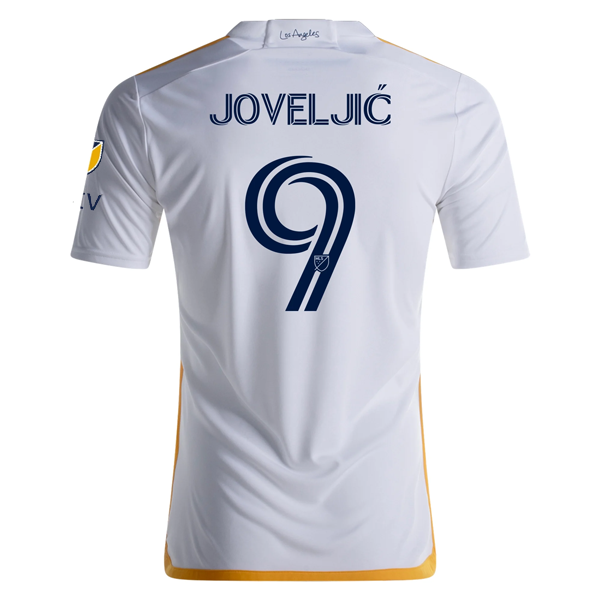 adidas LA Galaxy Dejan Joveljić Home Jersey 2024-2025 - Authentic MLS Soccer Jersey with Apple TV Patches (White/Yellow/Navy) - Perfect for Match Days, Fan Events & Soccer Gift Giving