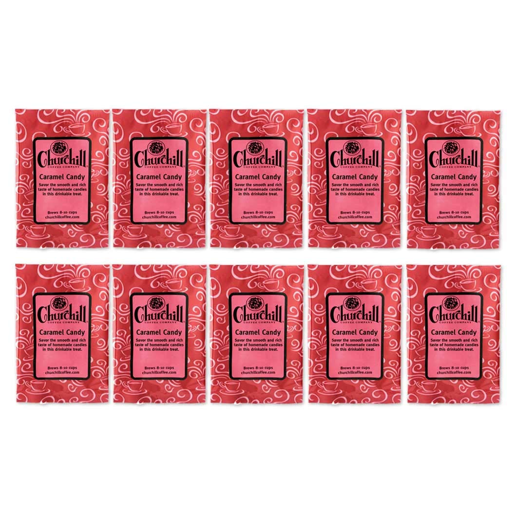 Churchill Coffee Caramel Candy Flavored Ground Coffee - 10 Single-Serve Portioned Packs (1.5 oz Each) - Perfect for Office, Home Brewing & Gifts