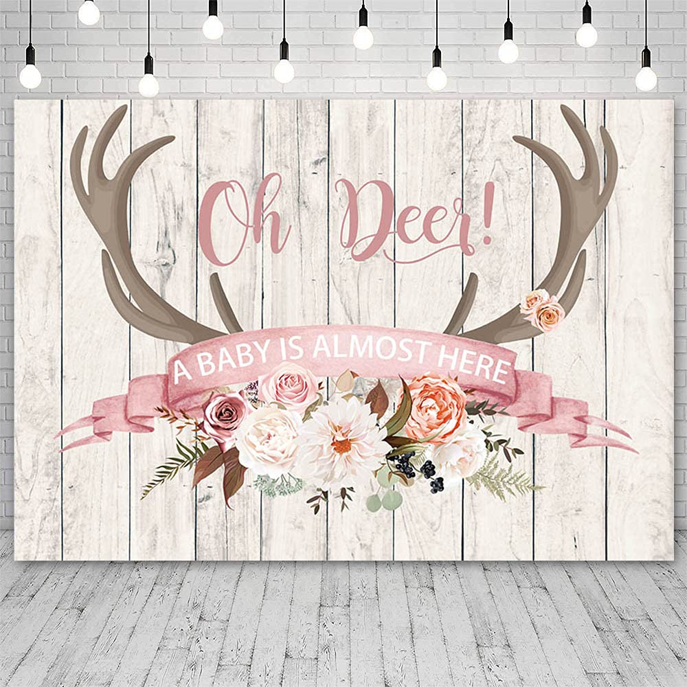 7x5ft Oh Deer Pink Floral Baby Shower Backdrop - Rustic Wooden Floor Background with Antlers for Little Fawn Gender Reveal Party, Photo Shoot Props & Decorations | Perfect for Birthday Celebrations, Nursery Photography and Special Events