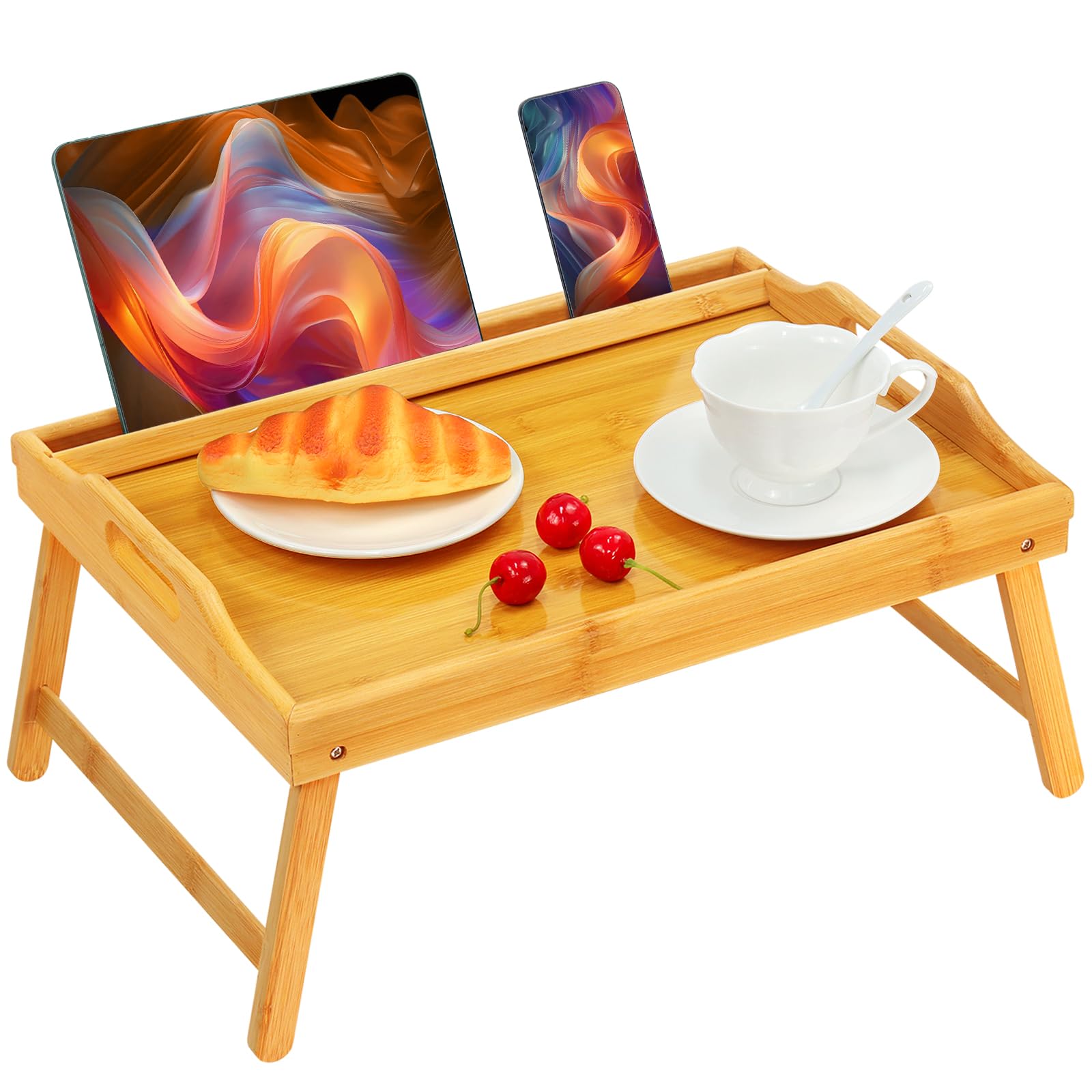 **Foldable Bamboo Bed Tray with Handles & Phone Holder - Portable Breakfast, Laptop, Serving Tray for Bed, Sofa, or Office Use**