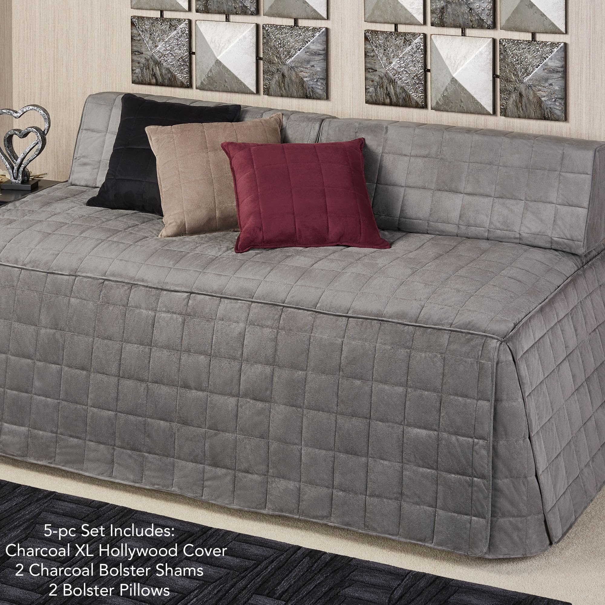 Camden Luxury Bedding Set - Charcoal Gray Faux Suede Box Quilted Design - 5 Piece Hollywood Daybed Set with Extra Long Cover & Bolster Pillows - Perfect for Guest Rooms, Dormitories & Small Space Living