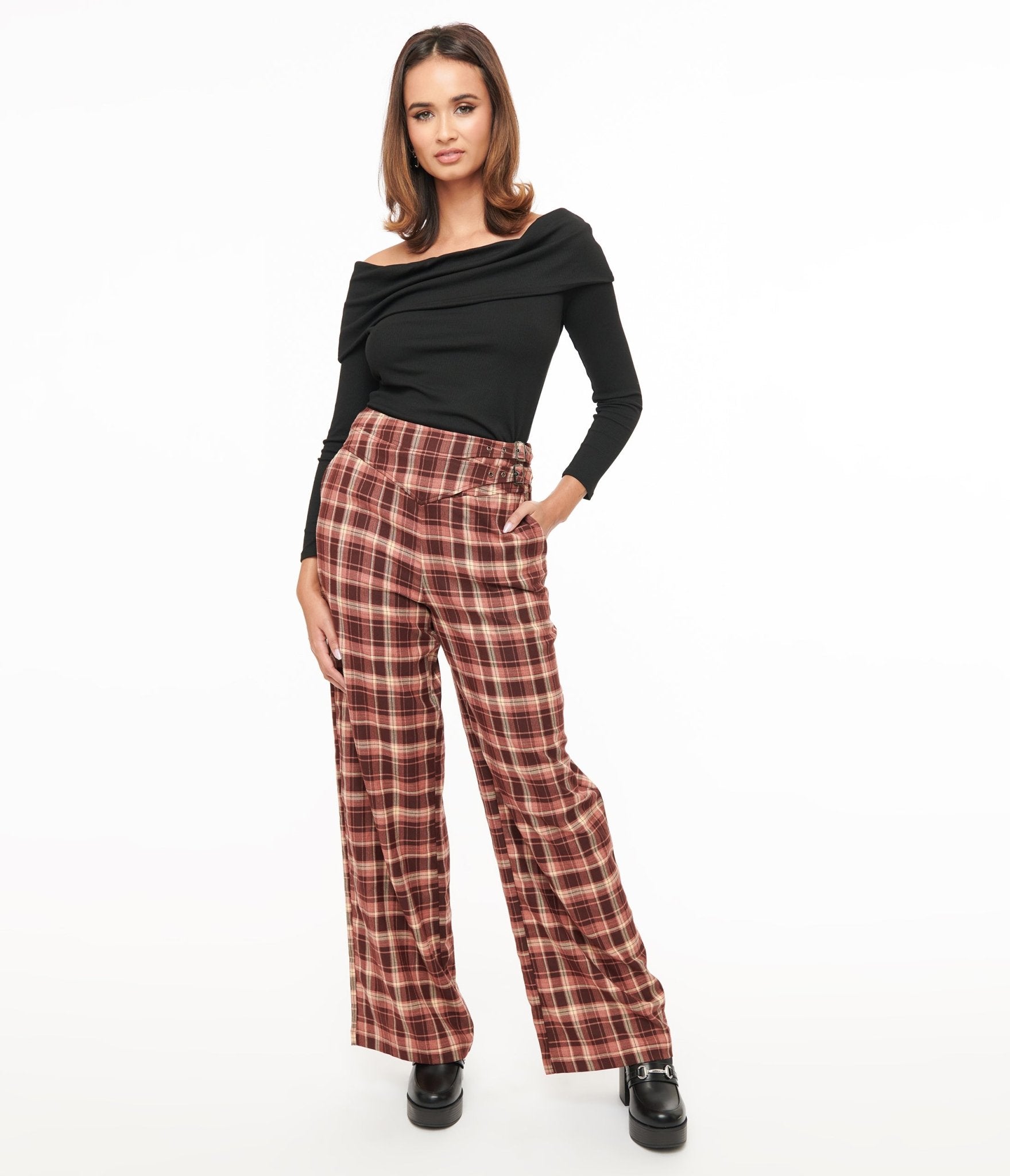 Vintage Burgundy Plaid High Waisted Double Belt Woven Pants for Women - Retro 90s Style Wide Leg Trousers for Office, Party & Casual Outfits