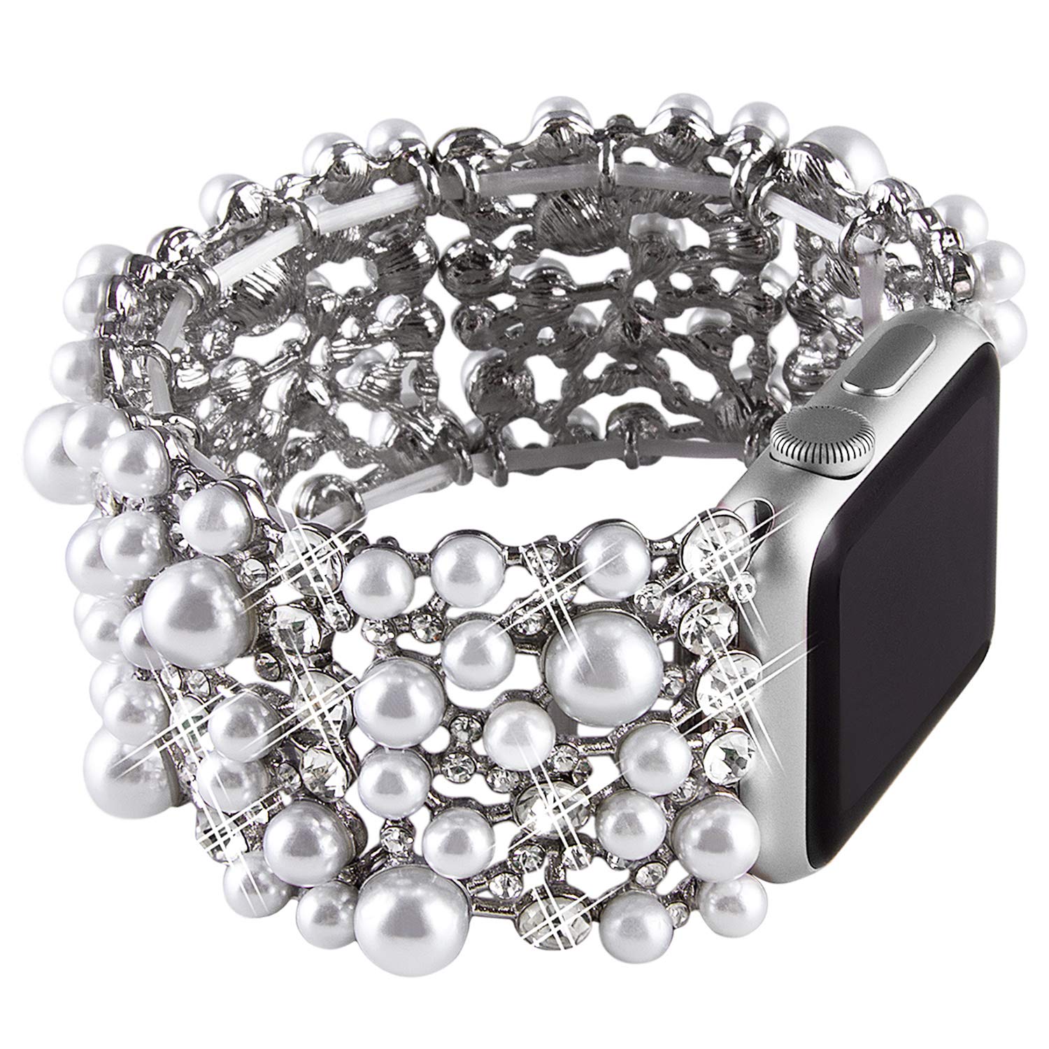 VIQIV Bling Bands Compatible with Apple Watch 38mm 40mm 41mm 42mm 44mm 45mm 49mm - Diamond Rhinestone Metal Pearl Bracelet Strap for Women - Perfect for Parties, Weddings, and Everyday Fashion Accessories