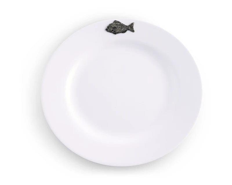 Premium White Melamine Dinner Plates Set of 10 with Elegant Pewter Fish Design - Perfect for Outdoor Dining, Picnics, and Beach Parties