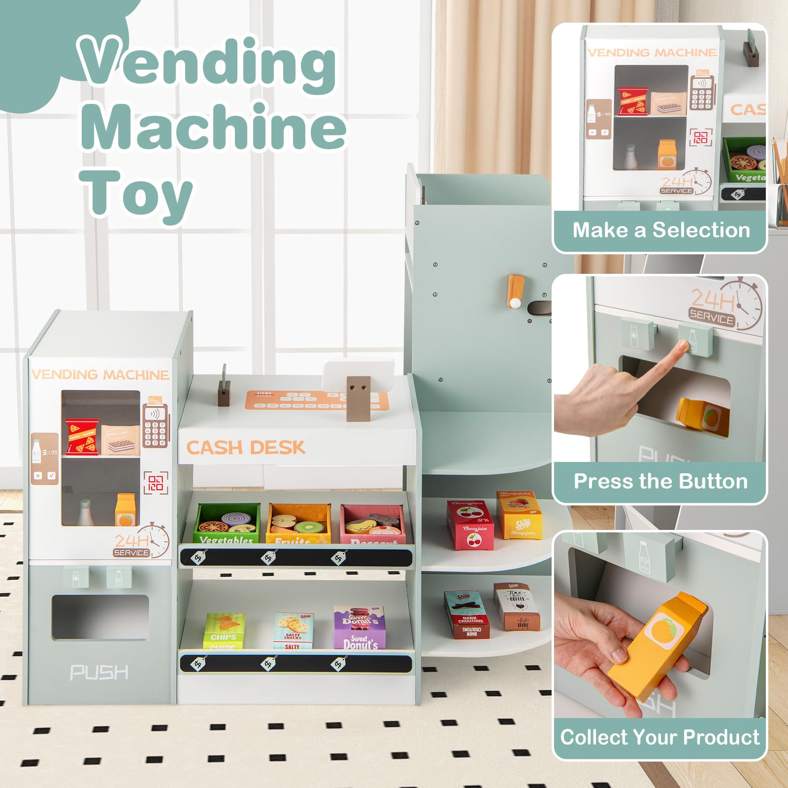 INFANS Wooden Grocery Store Playset for Kids - Supermarket Pretend Play with Cash Register, Coffee Machine, Vending Machine & Play Food Accessories - Educational Toy Gift for Toddler Boys & Girls - Perfect for Role Play, Classroom Learning & Birthday Gifts