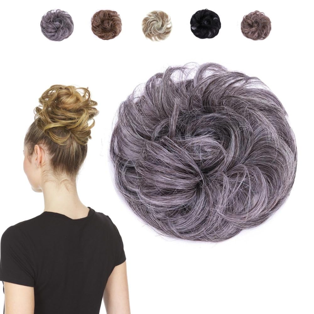Juvabun Messy Bun Hair Piece - Salt & Pepper | Realistic Synthetic Hair Bun Scrunchie for Women & Men | Washable Everyday Wear Hair Accessory | Perfect for Work, Gym & Casual Outings