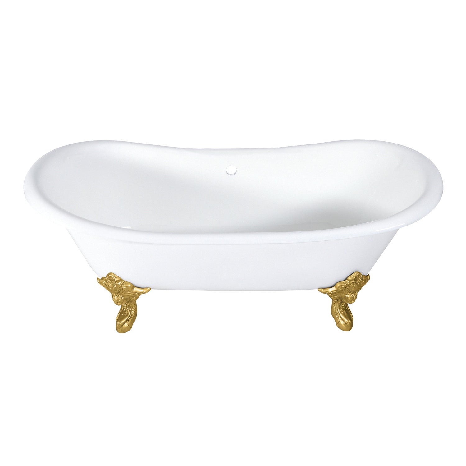 Aqua Eden 72 Inch White Cast Iron Clawfoot Bathtub - Oval Double Slipper Design with Brushed Brass Feet | Vintage Freestanding Soaking Tub for Luxury Bathroom & Spa Retreat