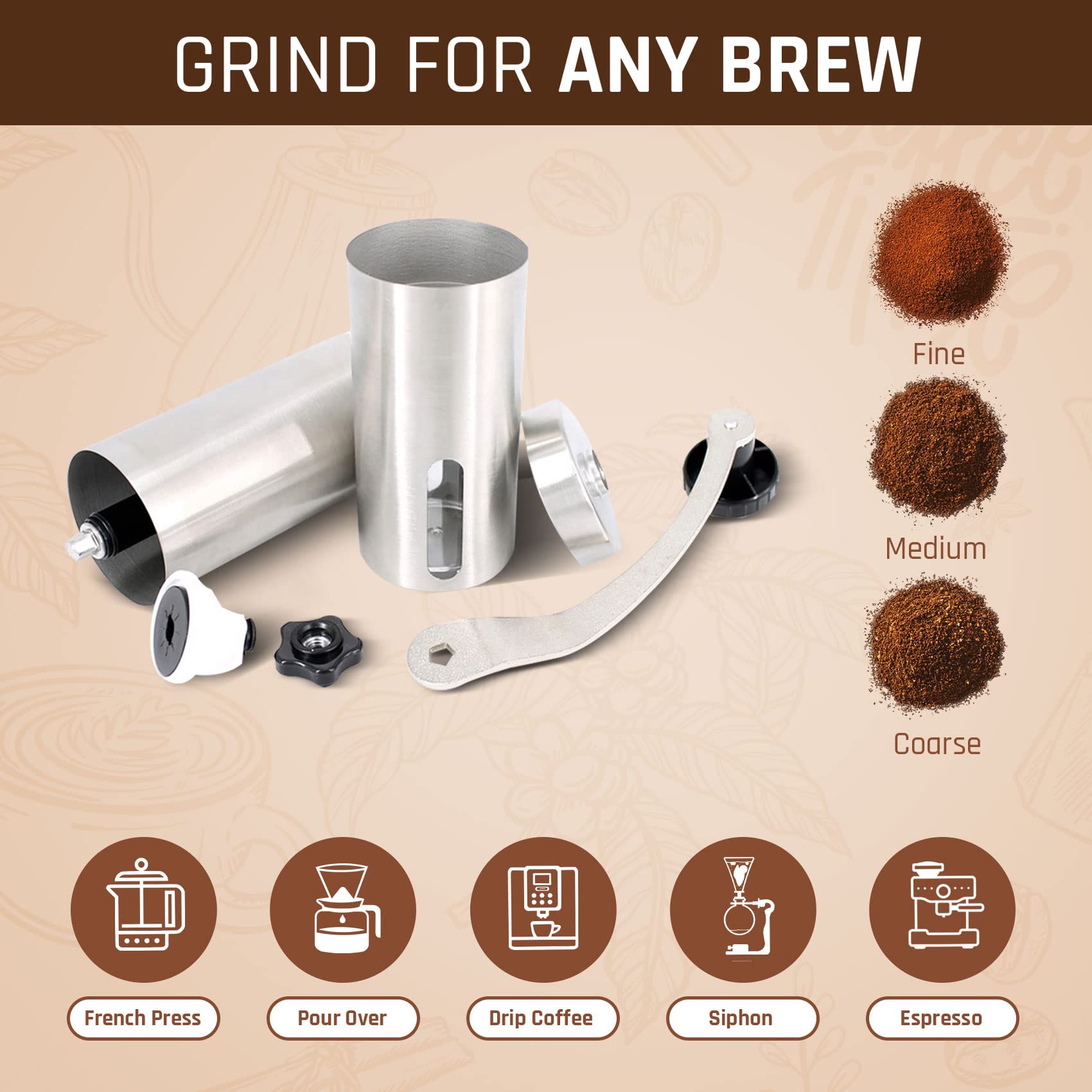 iTrends Stainless Steel Manual Coffee Grinder - Adjustable Burr Mill for Espresso, French Press & Cold Brew | Portable Hand Crank Coffee Bean Grinder with Ceramic Conical Burrs | Perfect Gift for Coffee Lovers | Home, Office & Camping Use