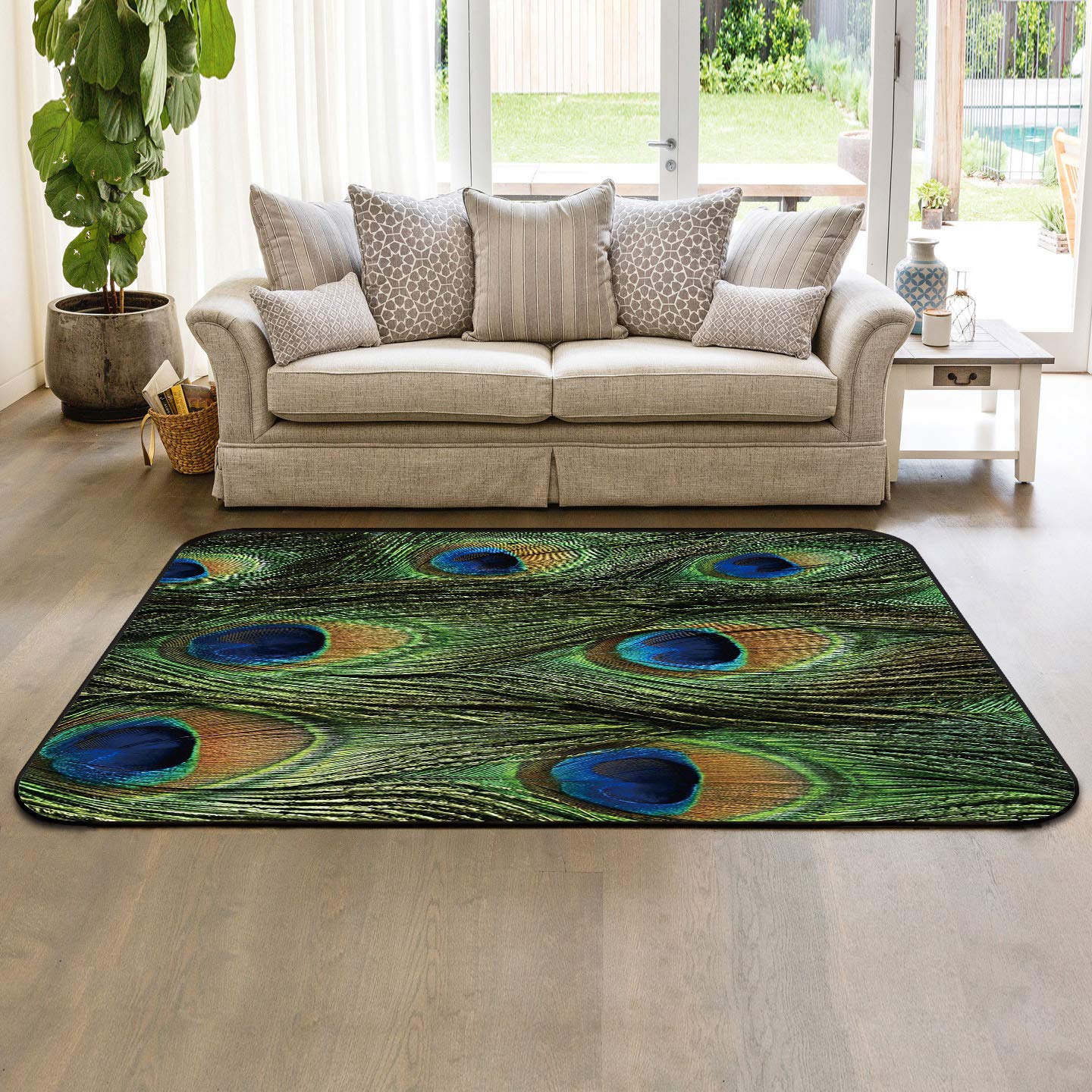 5' x 8' Modern Peacock Feather Area Rug - Soft Nursery Carpet for Kids Room, Durable Indoor/Outdoor Living Room & Bedroom Floor Mat - Green Macro Peacock Tail Design - Perfect for Playrooms, Dorms and Cozy Home Decor