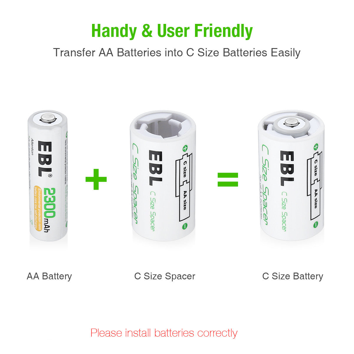 EBL AA to C & D Battery Adapter Converter Case - Power Your Devices with Different Battery Sizes for Flashlights, Toys & Electronics