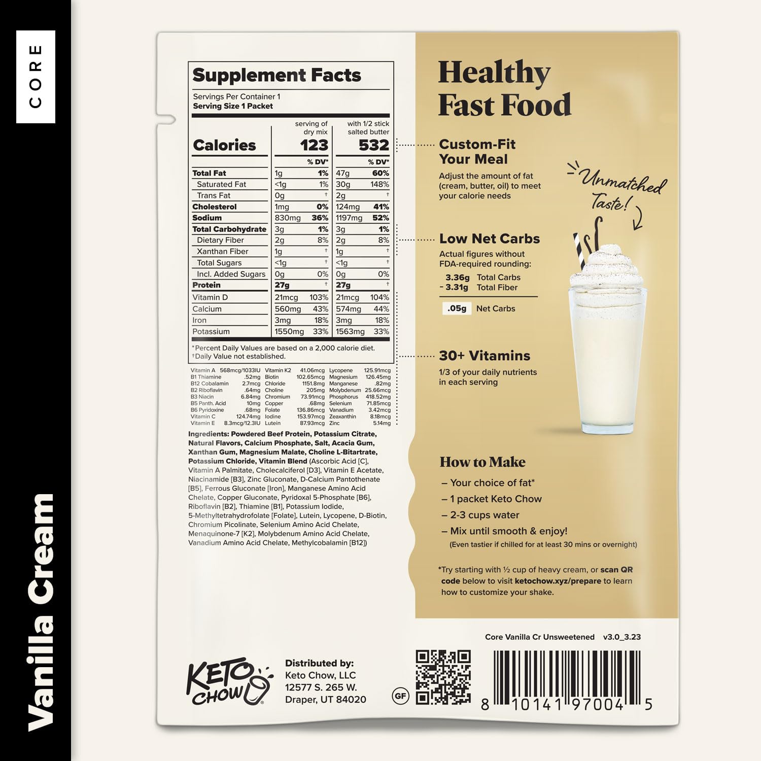Keto Chow Vanilla Cream Core (Unsweetened) - Keto Meal Replacement Shake Powder - Low Carb High Protein Dairy-Free Nutrition - Complete Meal Substitute for Weight Loss & Ketogenic Diet - Perfect for Busy Professionals & On-the-Go Lifestyle