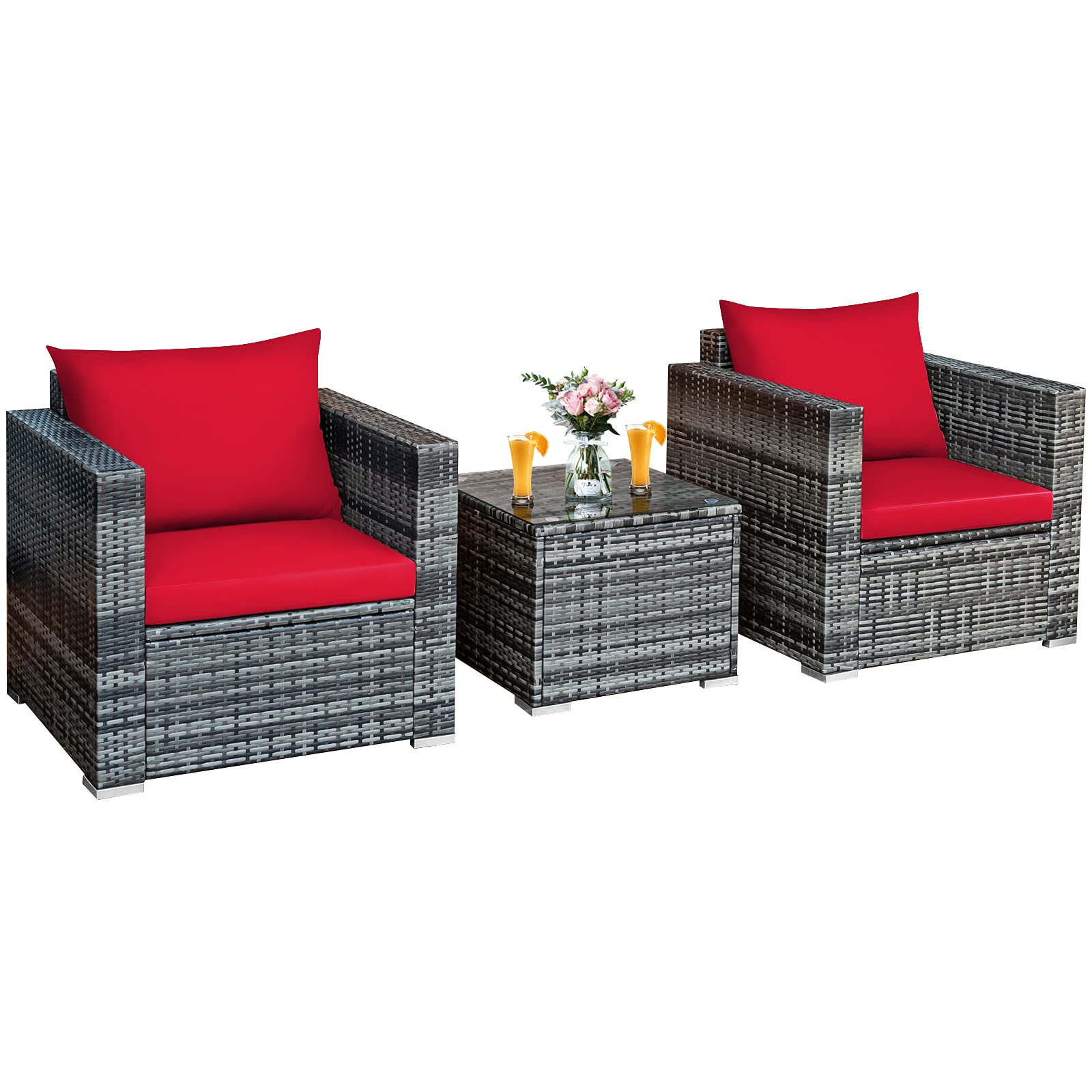 Tangkula 3-Piece Outdoor Patio Furniture Set - PE Rattan Wicker Sofa with Washable Cushions & Tempered Glass Table - Garden, Poolside, Backyard Conversation Set for Relaxing & Entertaining