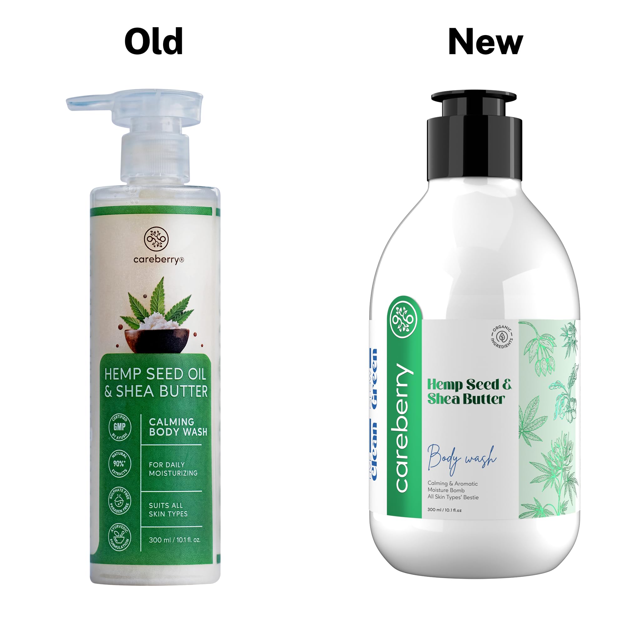 Careberry Hemp Seed Oil & Shea Butter Body Wash - Sulfate & Paraben Free, Ayurvedic Certified, 300ml | Daily Moisturizing for Dry Skin, Perfect for Shower & Bath Routine