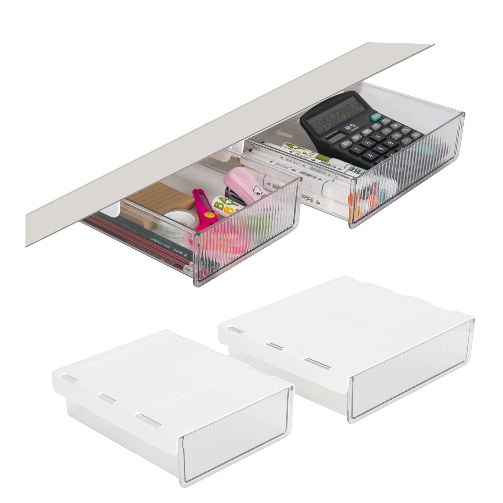 2 Pack Under Desk Storage Drawer - Slide Out Self-Adhesive Organizer for Office & Home, Clear Hidden Table Drawer for Pencils, Supplies & Workspace Accessories | Perfect for Small Spaces & Clutter-Free Desks
