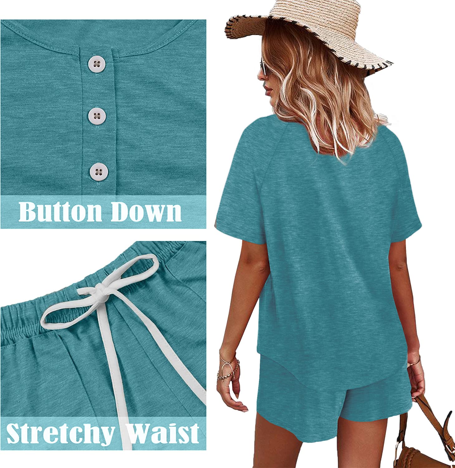 WIHOLL Women's 2-Piece Lounge Set - Button Down Top & Shorts with Pockets | Comfortable Outfits for Home, Travel & Casual Wear