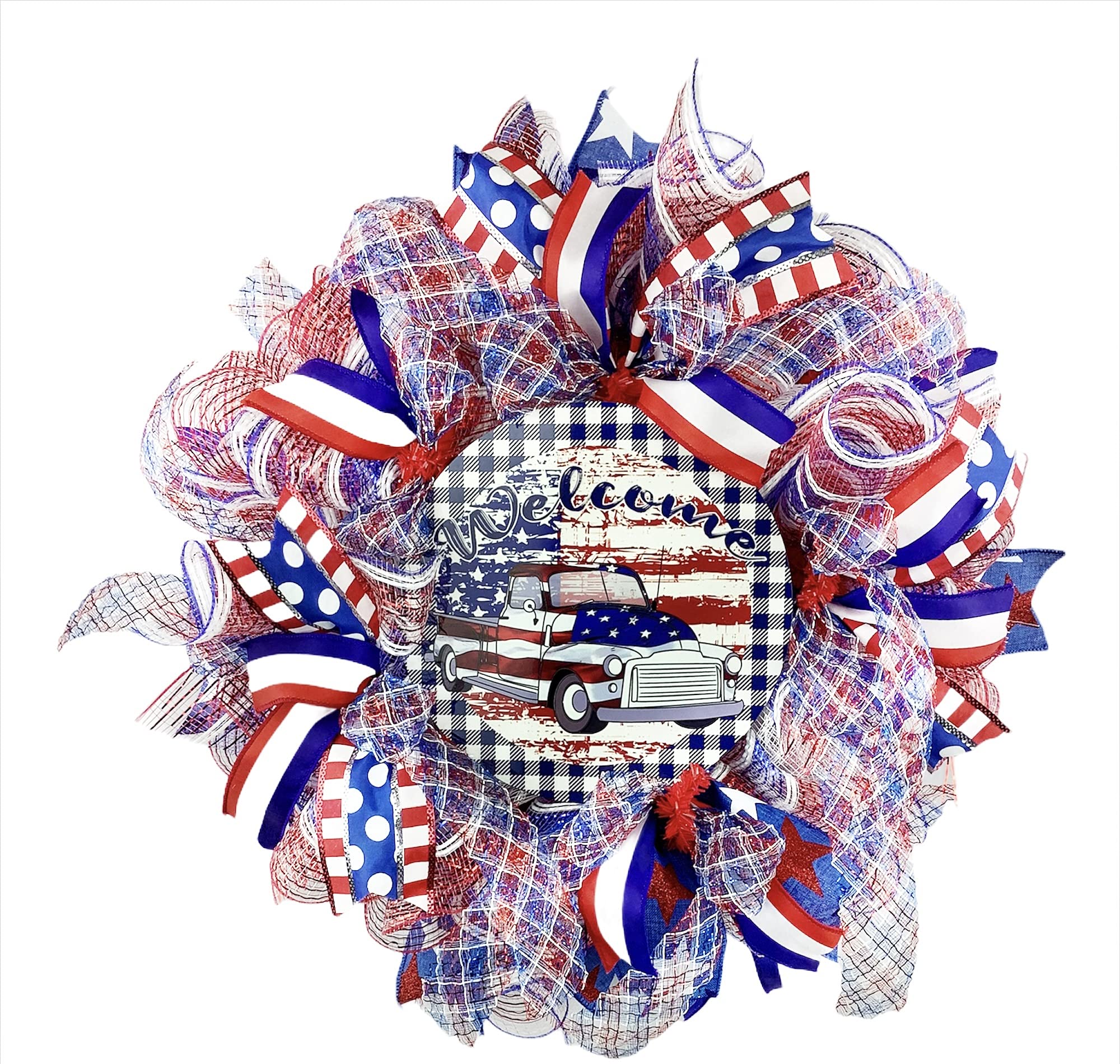 Red White and Blue Patriotic Truck Wreath - Classic Independence Day Front Door Decor for July 4th | Perfect for Outdoor Home Decor, Memorial Day & Veterans Day Celebrations