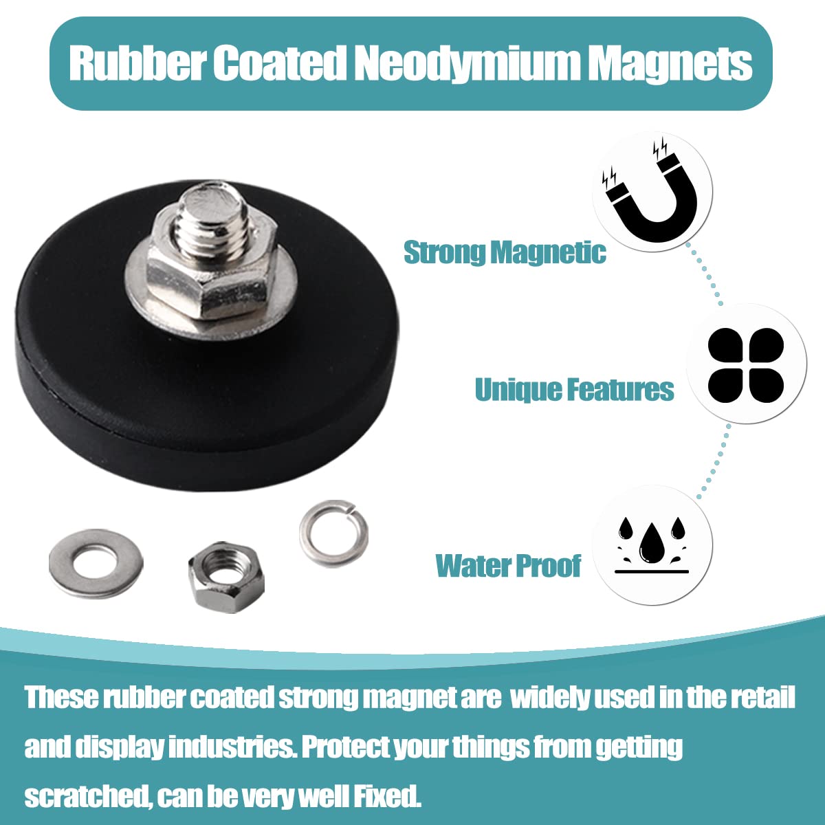 4pcs Heavy Duty Rubber Coated M6 Threaded Magnets - Strong Mounting Magnets with Bolts for Lights, Cameras, Vans & Devices | Secure Installation for Automotive, Home & Office Use